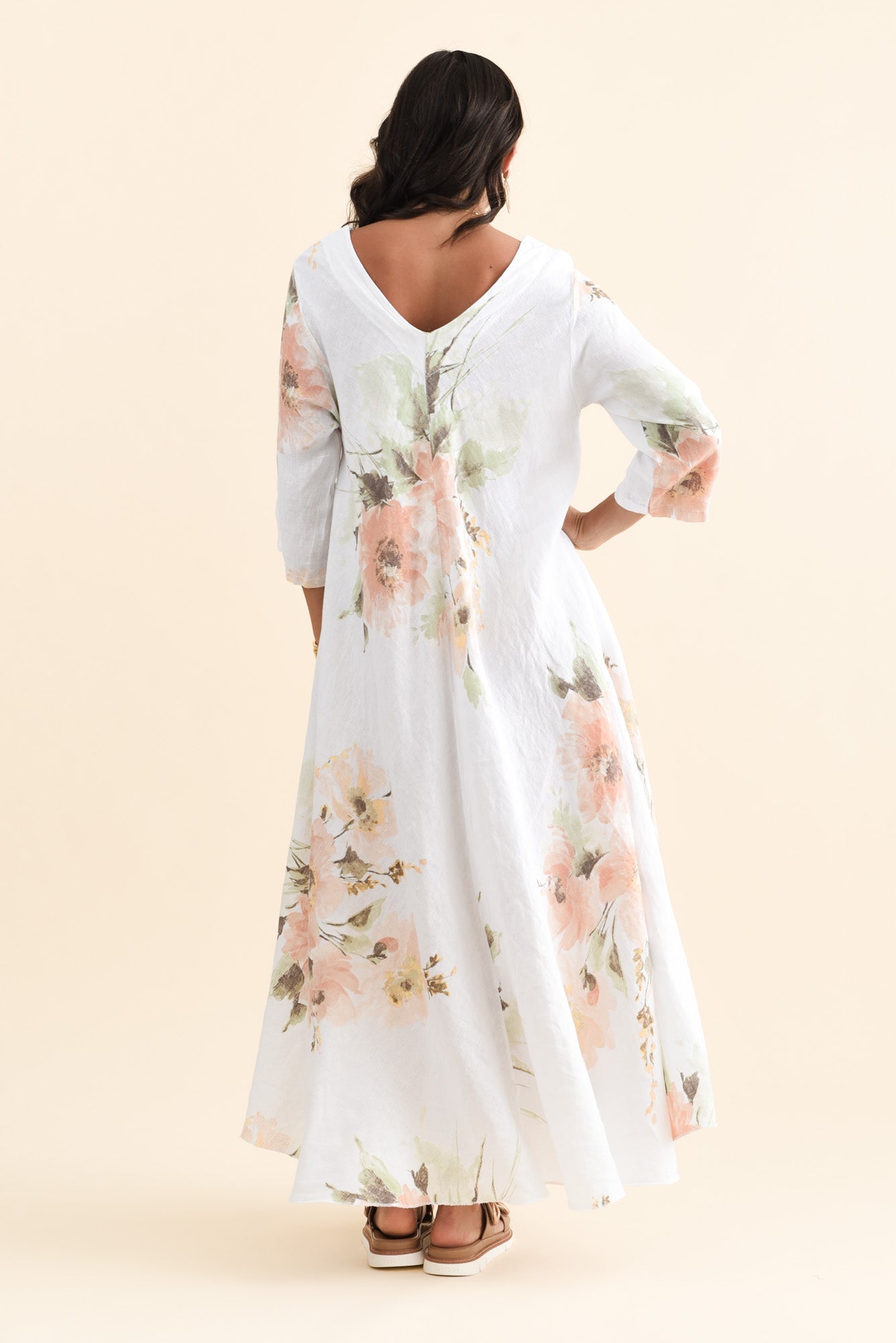 Oscar White Floral Linen Maxi Dress