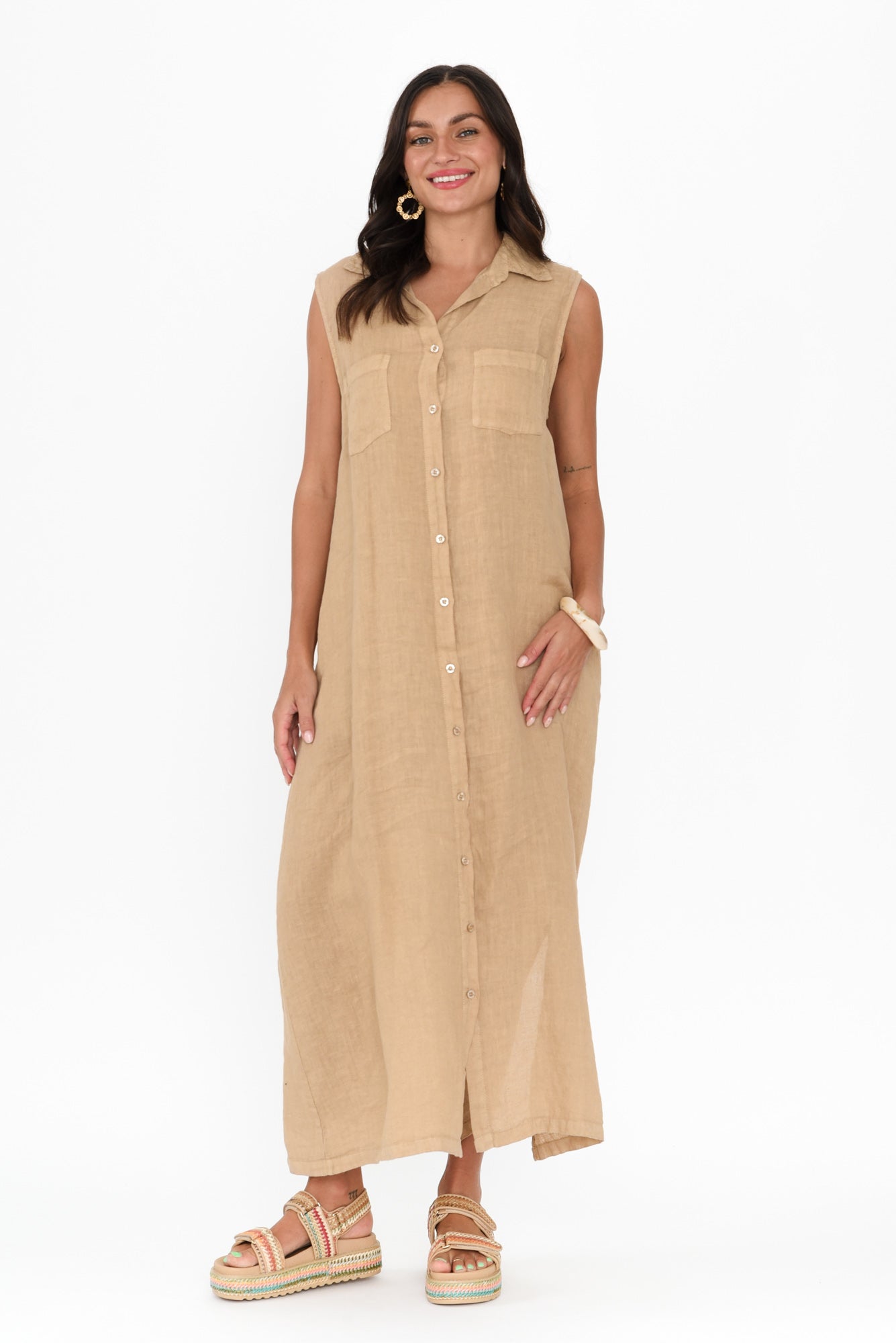 Perla Mocha Linen Button Dress