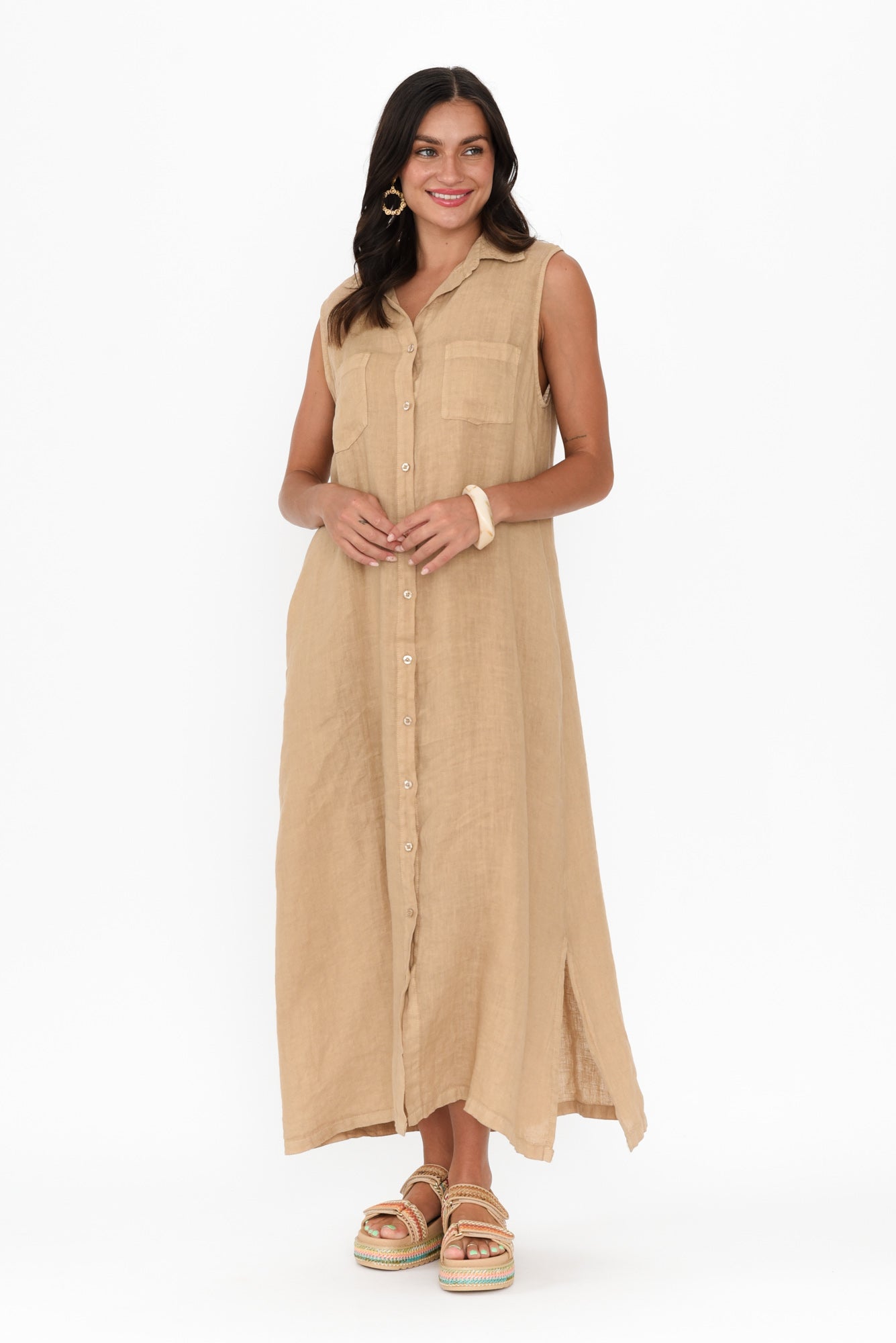 Perla Mocha Linen Button Dress