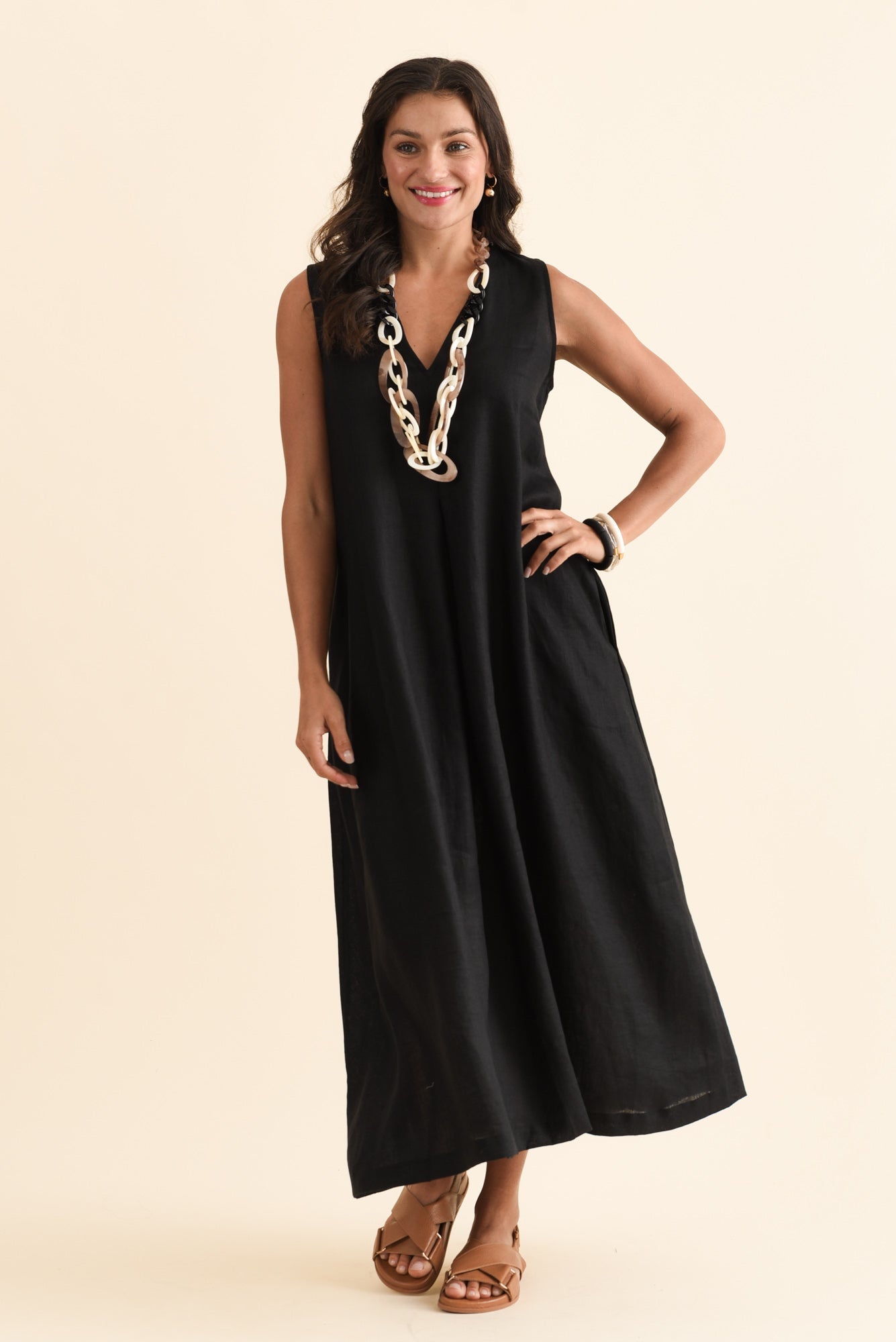 Phoebe Black Linen Midi Dress