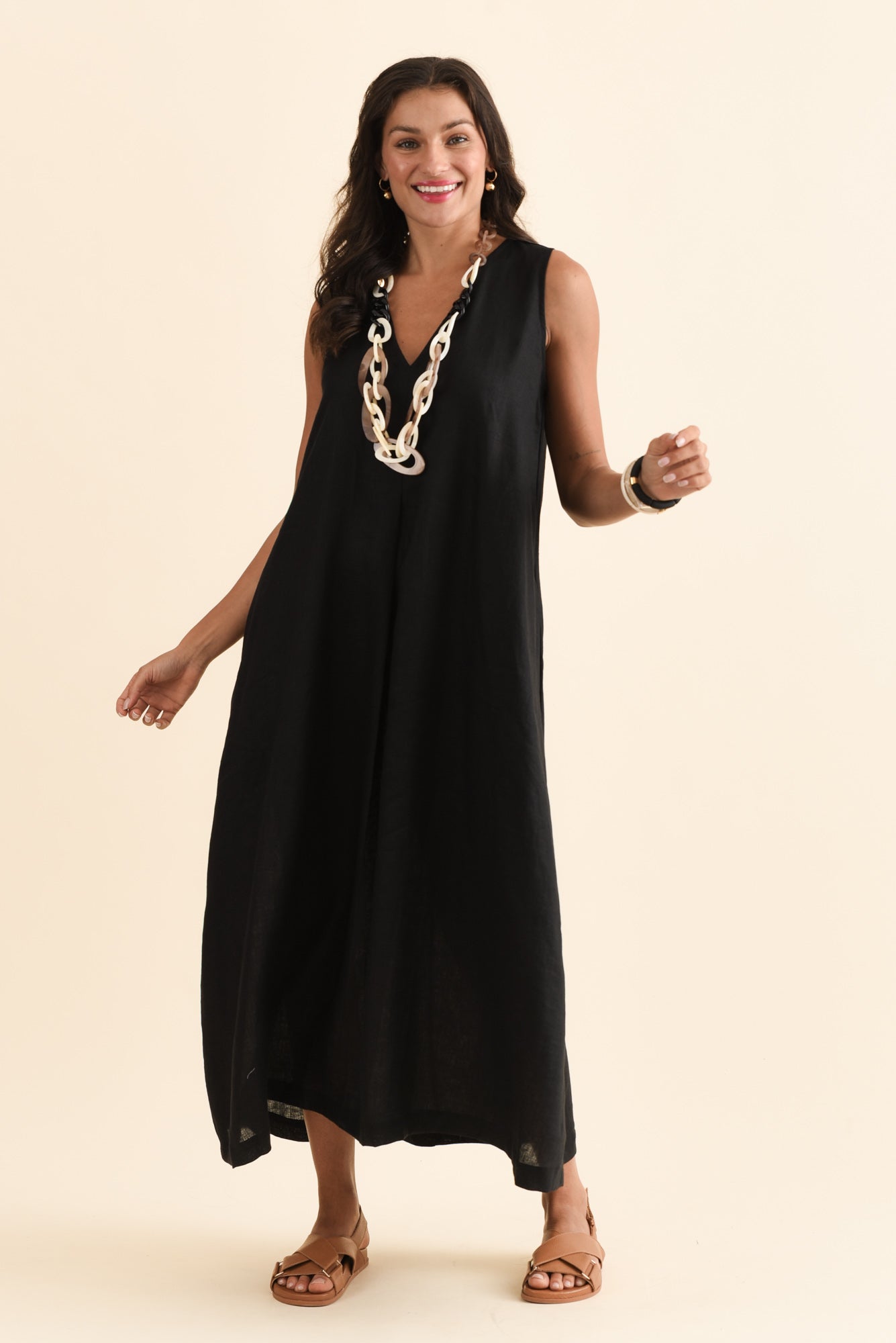 Phoebe Black Linen Midi Dress