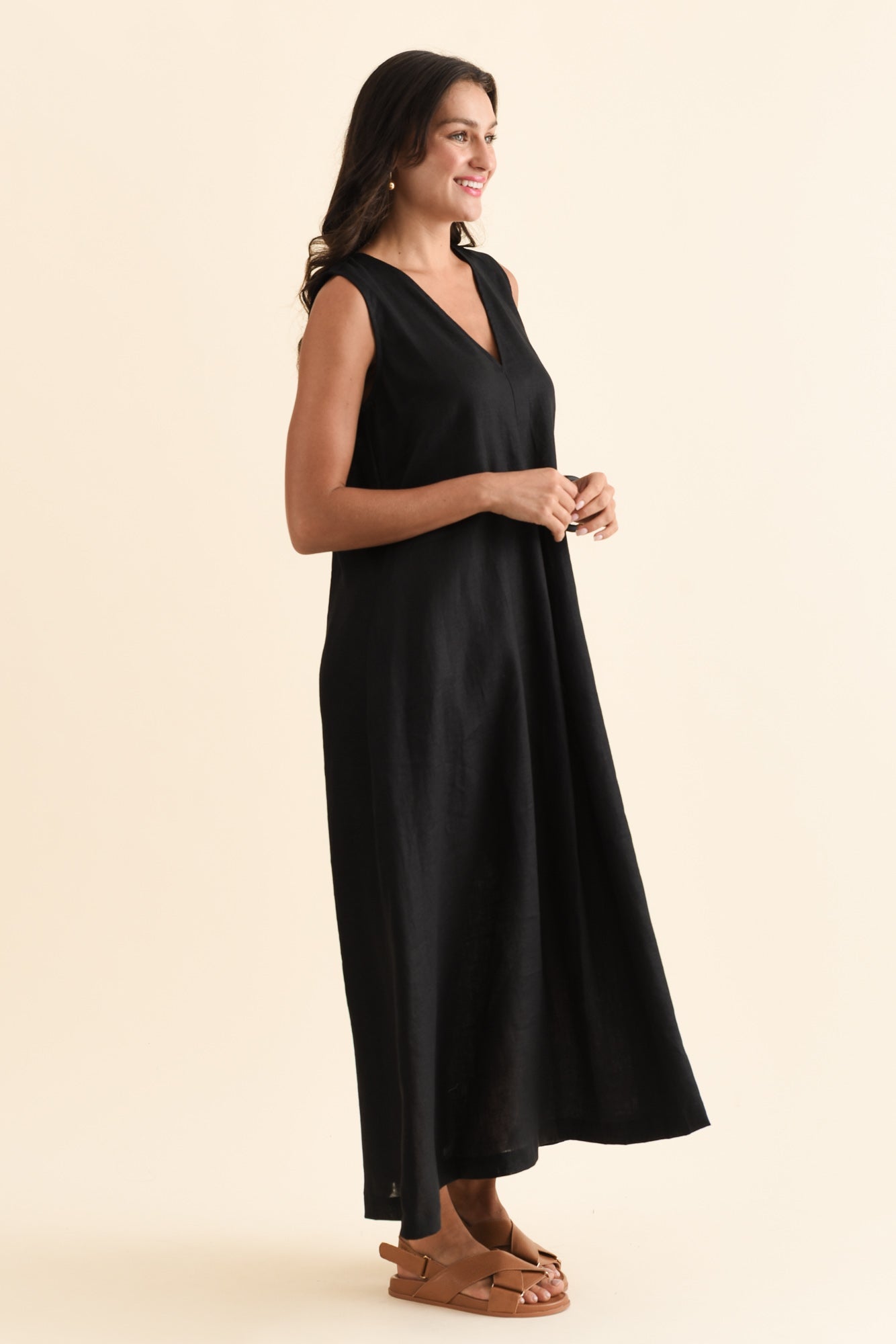 Phoebe Black Linen Midi Dress