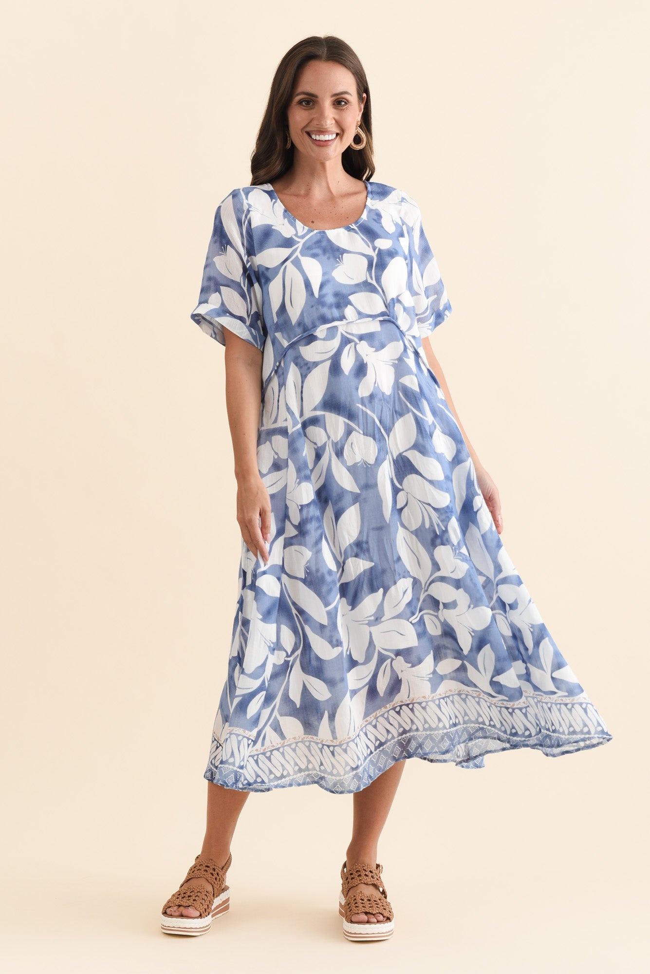 Ramona Blue Leaf Cotton Blend Dress