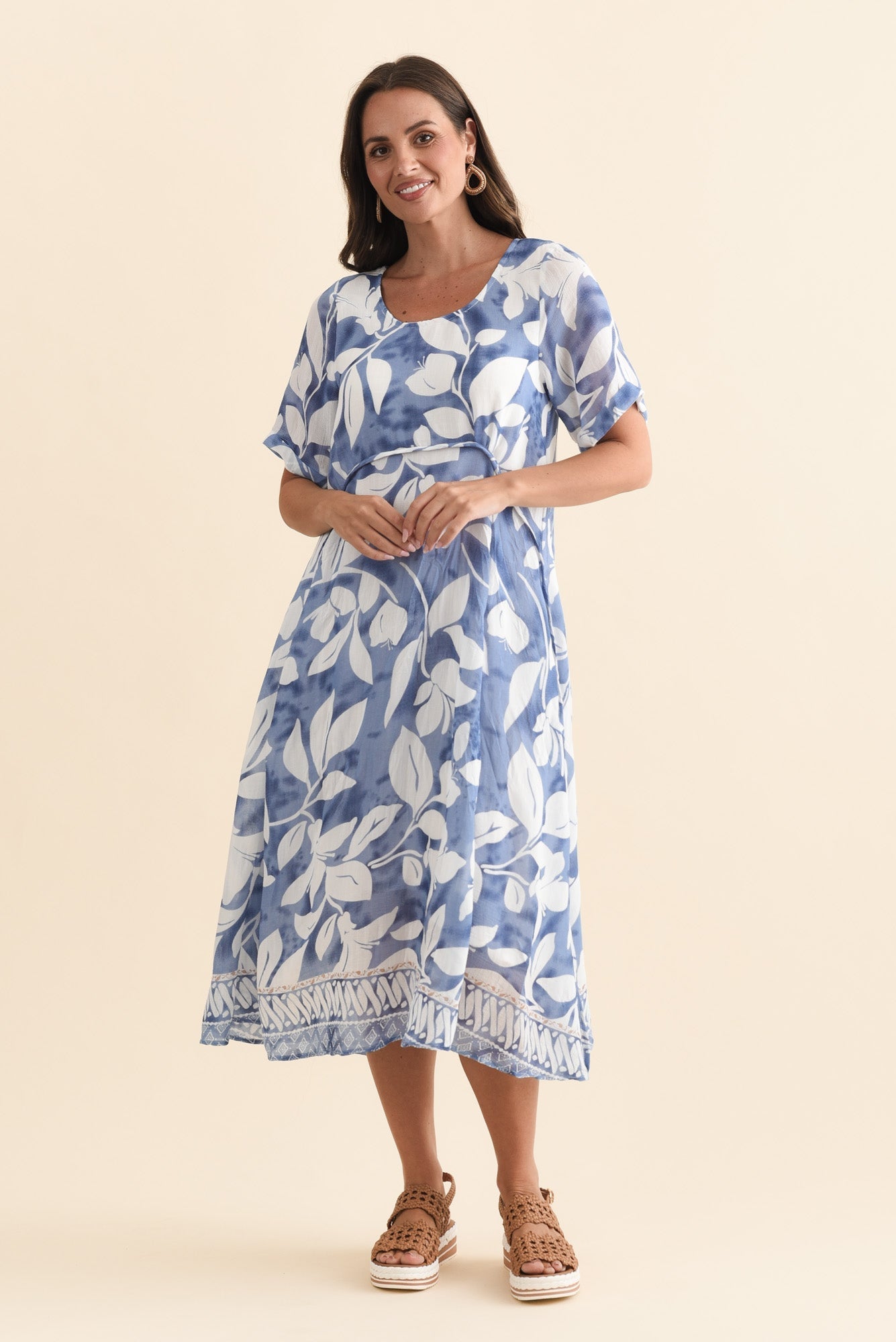Ramona Blue Leaf Cotton Blend Dress