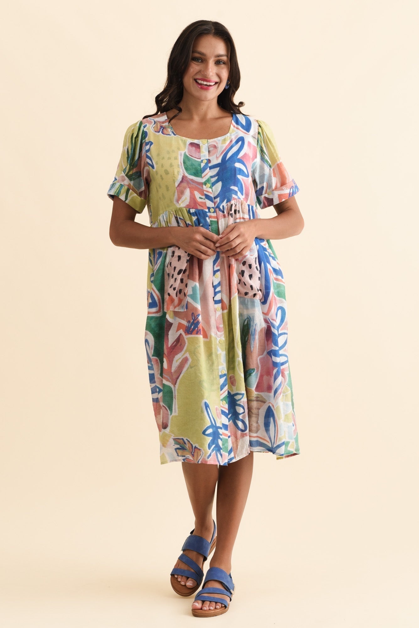 Rayna Blue Flower Button Dress