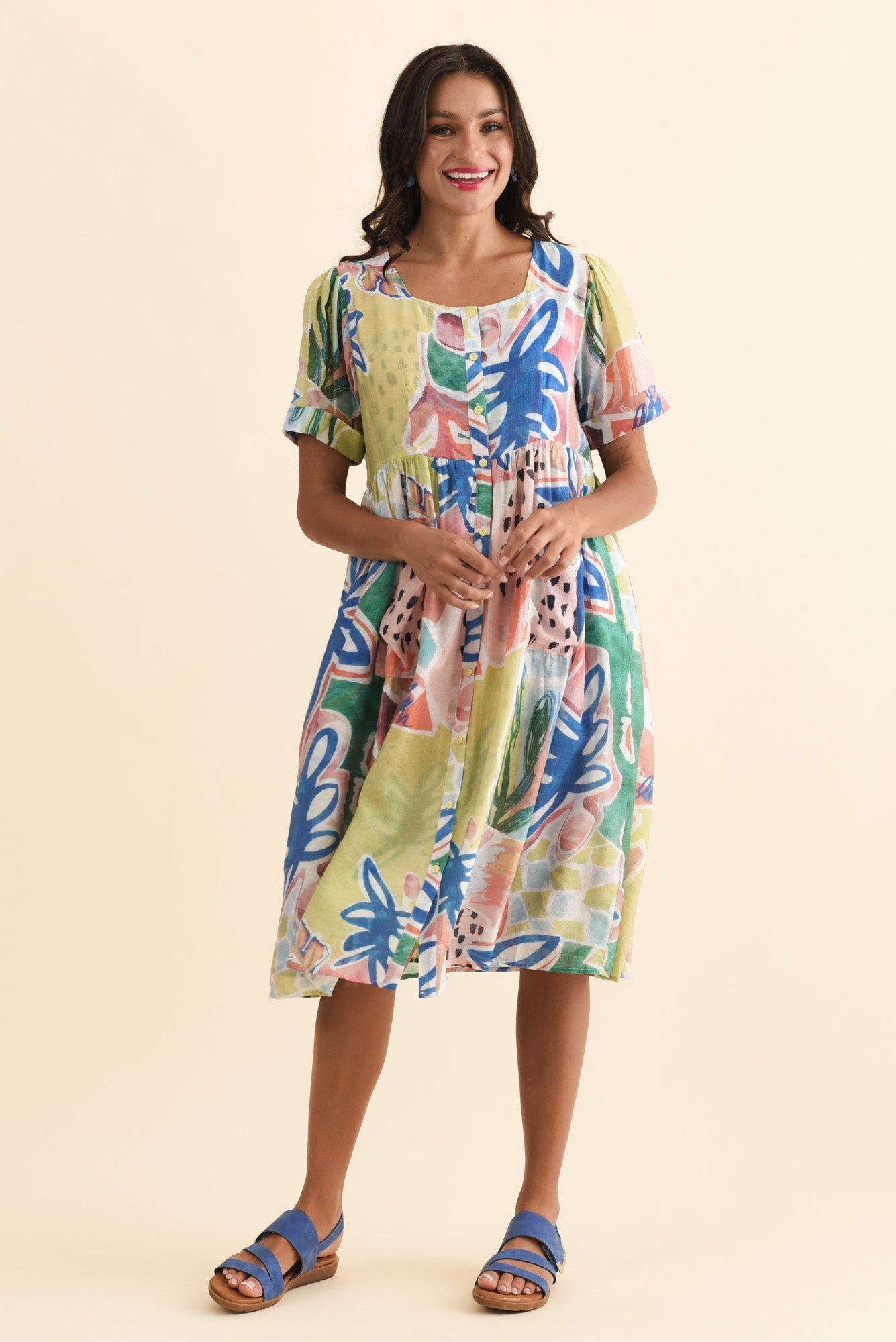 Rayna Blue Flower Button Dress