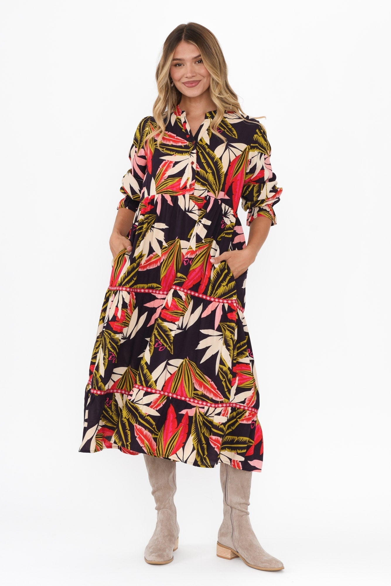 Reagan Navy Palm Tier Dress