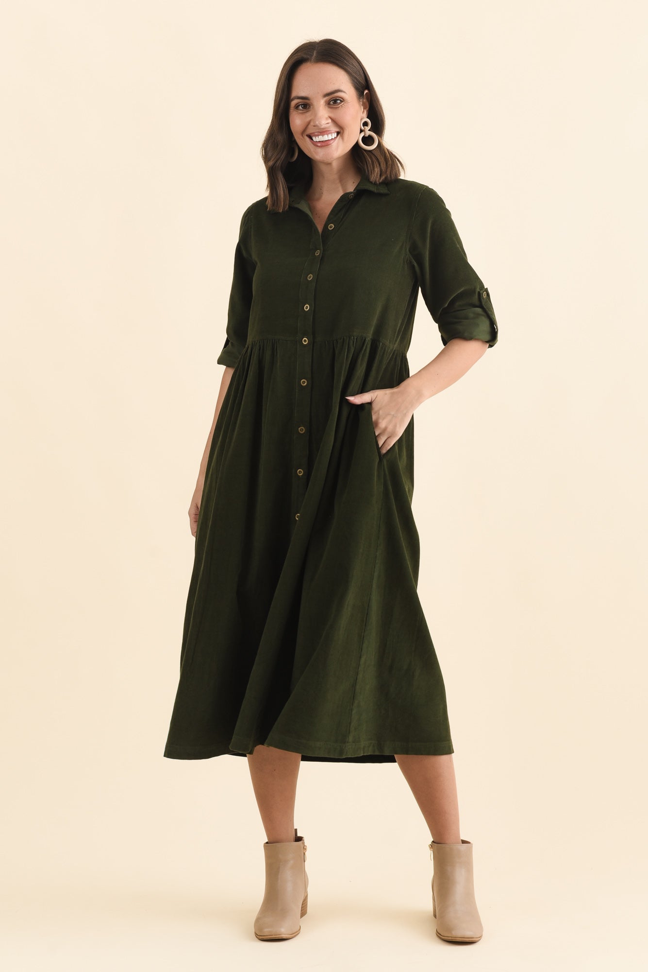 Rellie Forest Green Cotton Corduroy Dress