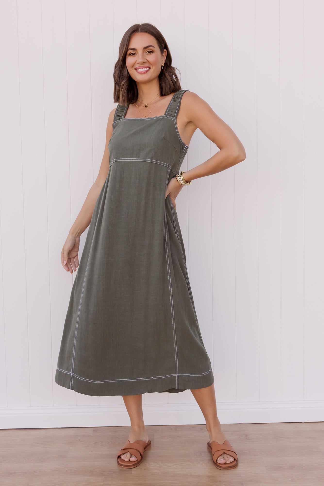 Saylor Khaki Contrast Linen Blend Dress