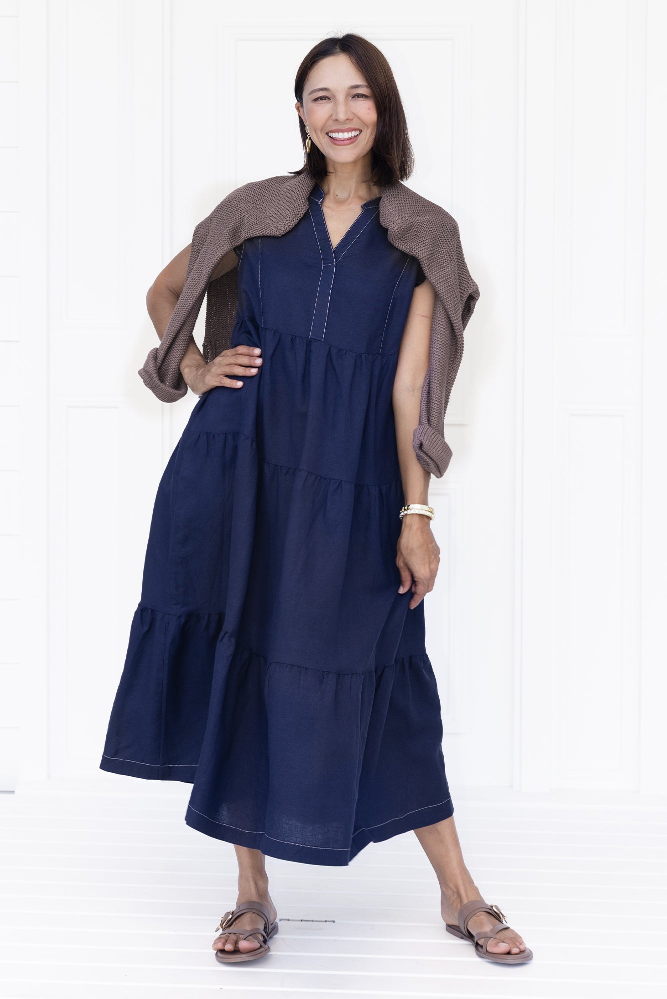 Yvette Navy Contrast Linen Blend Dress