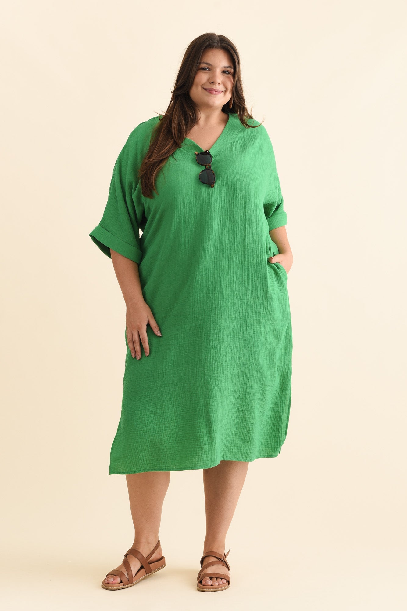Roma Green Cotton Cheesecloth Dress