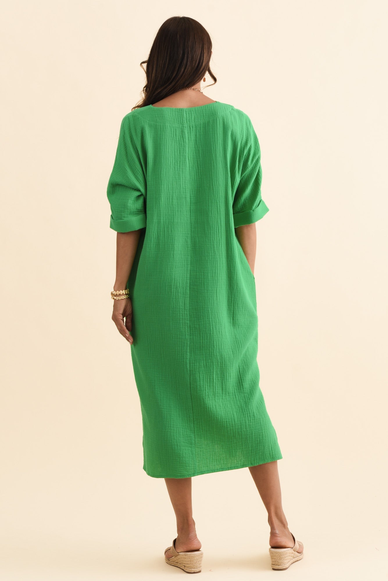Roma Green Cotton Cheesecloth Dress