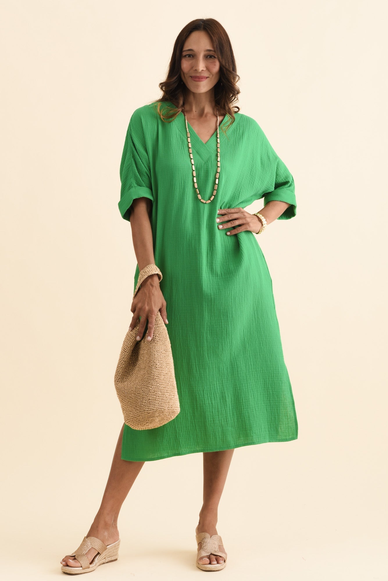 Roma Green Cotton Cheesecloth Dress