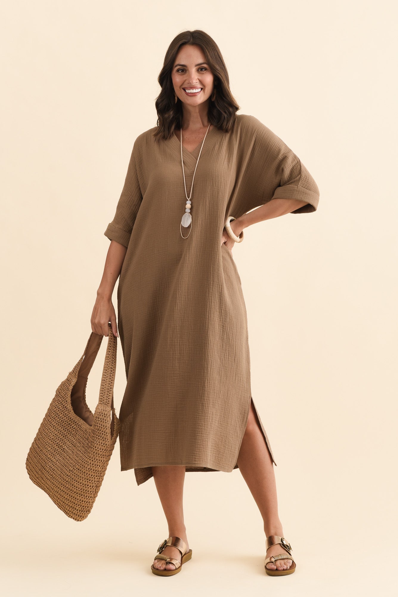 Roma Mocha Cotton Cheesecloth Dress