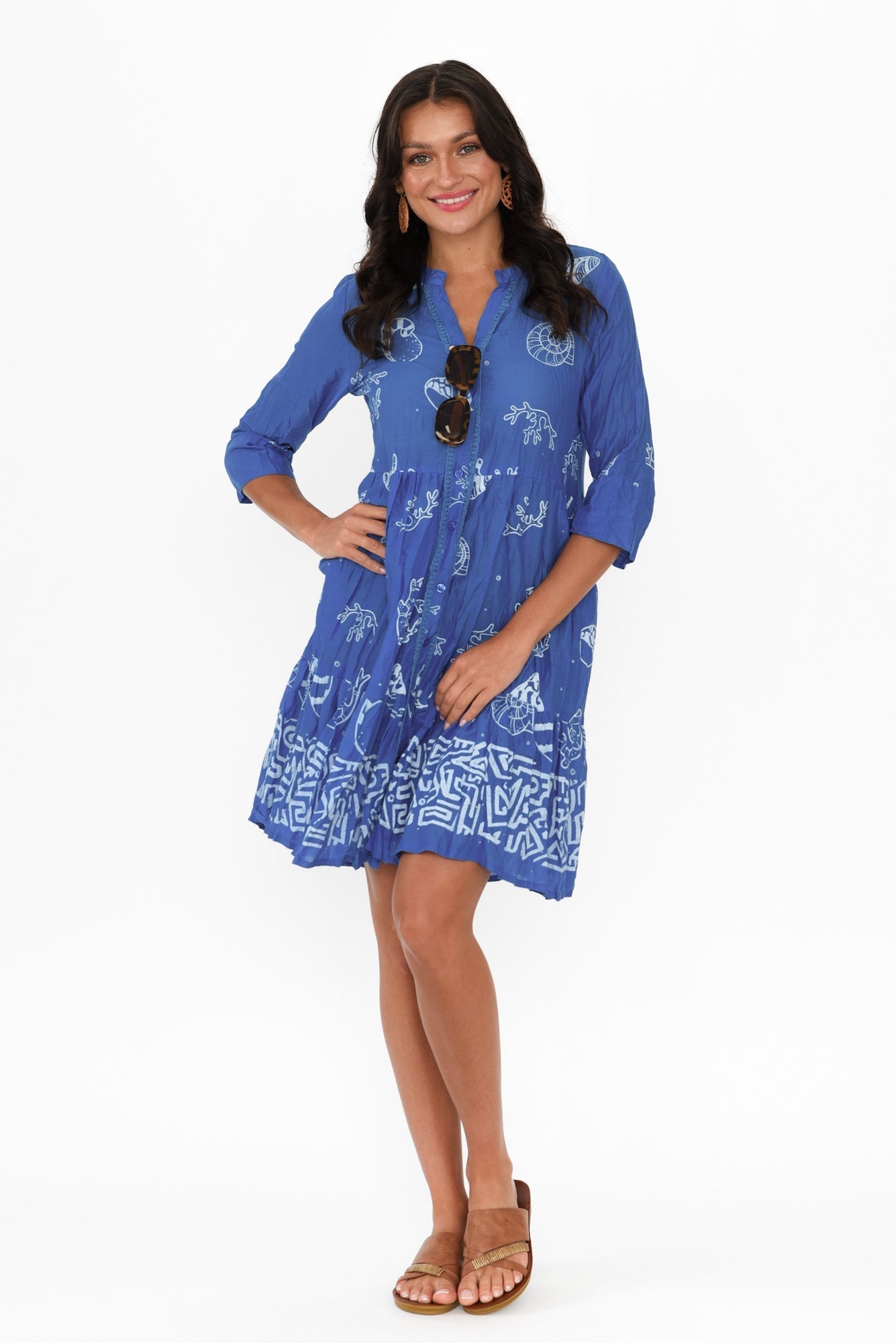 Romy Cobalt Seashell Crinkle Cotton Dress