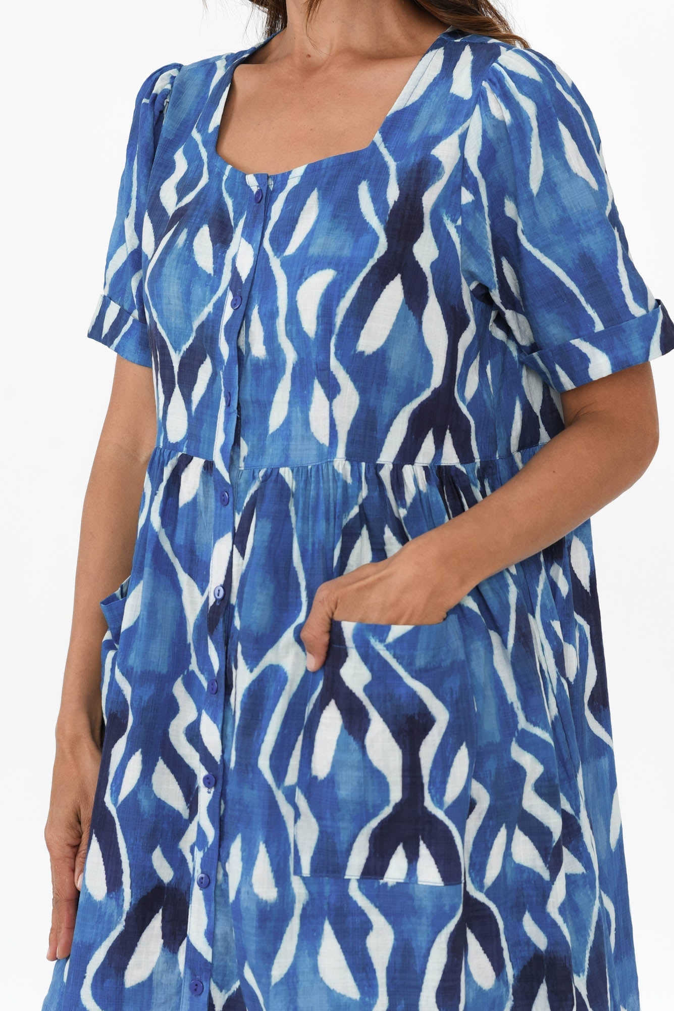 Rory Blue Abstract Cotton Button Dress