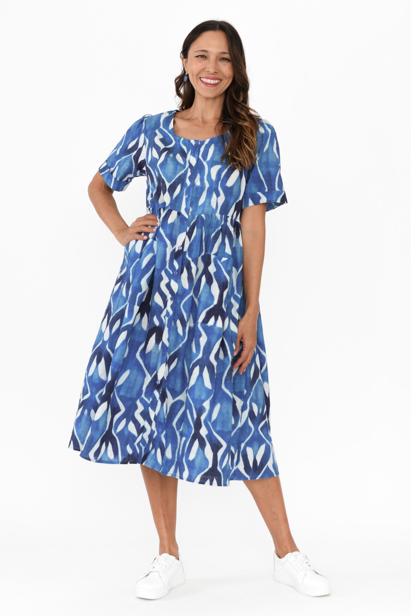Rory Blue Abstract Cotton Button Dress