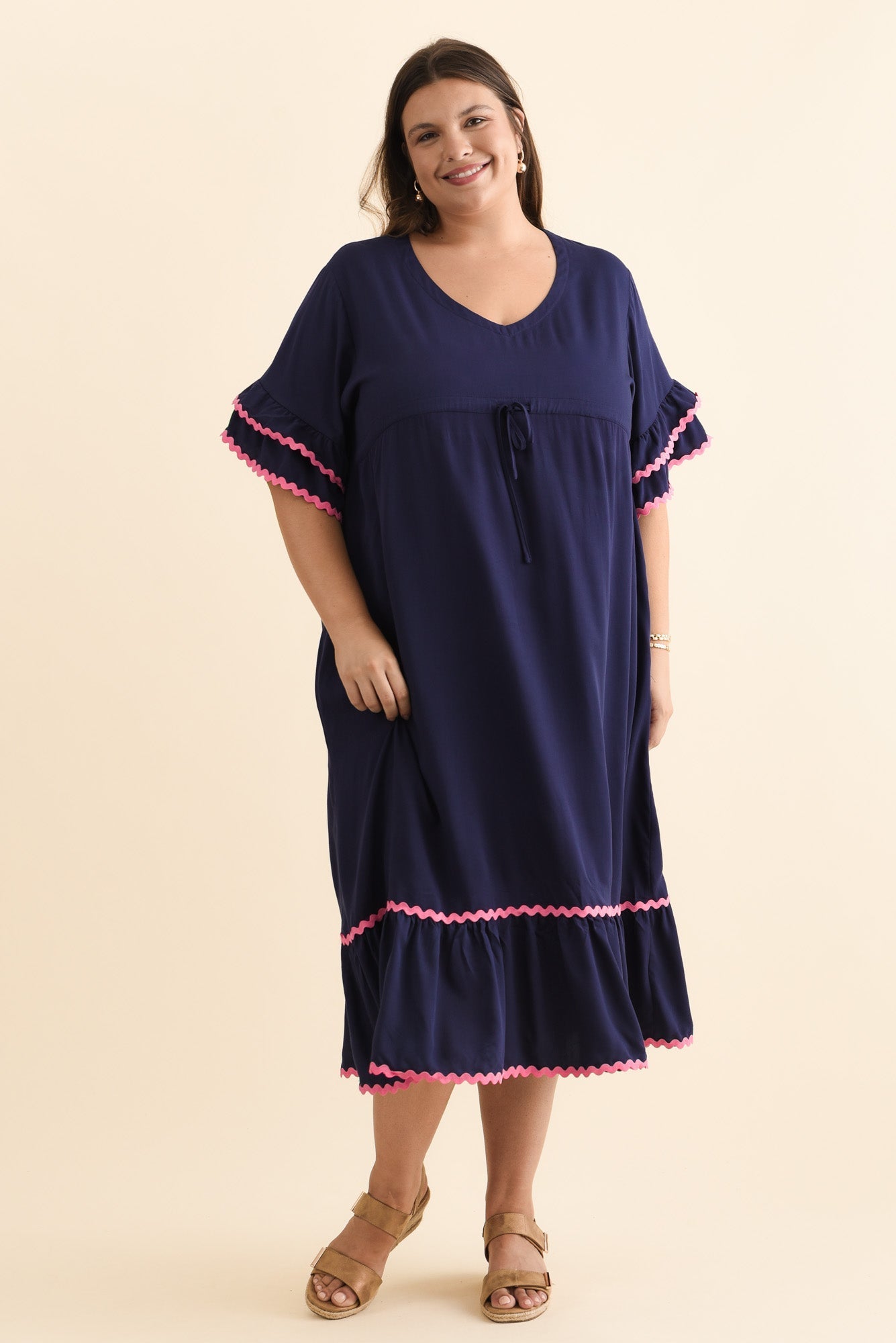 Rosemarie Navy Contrast Frill Dress