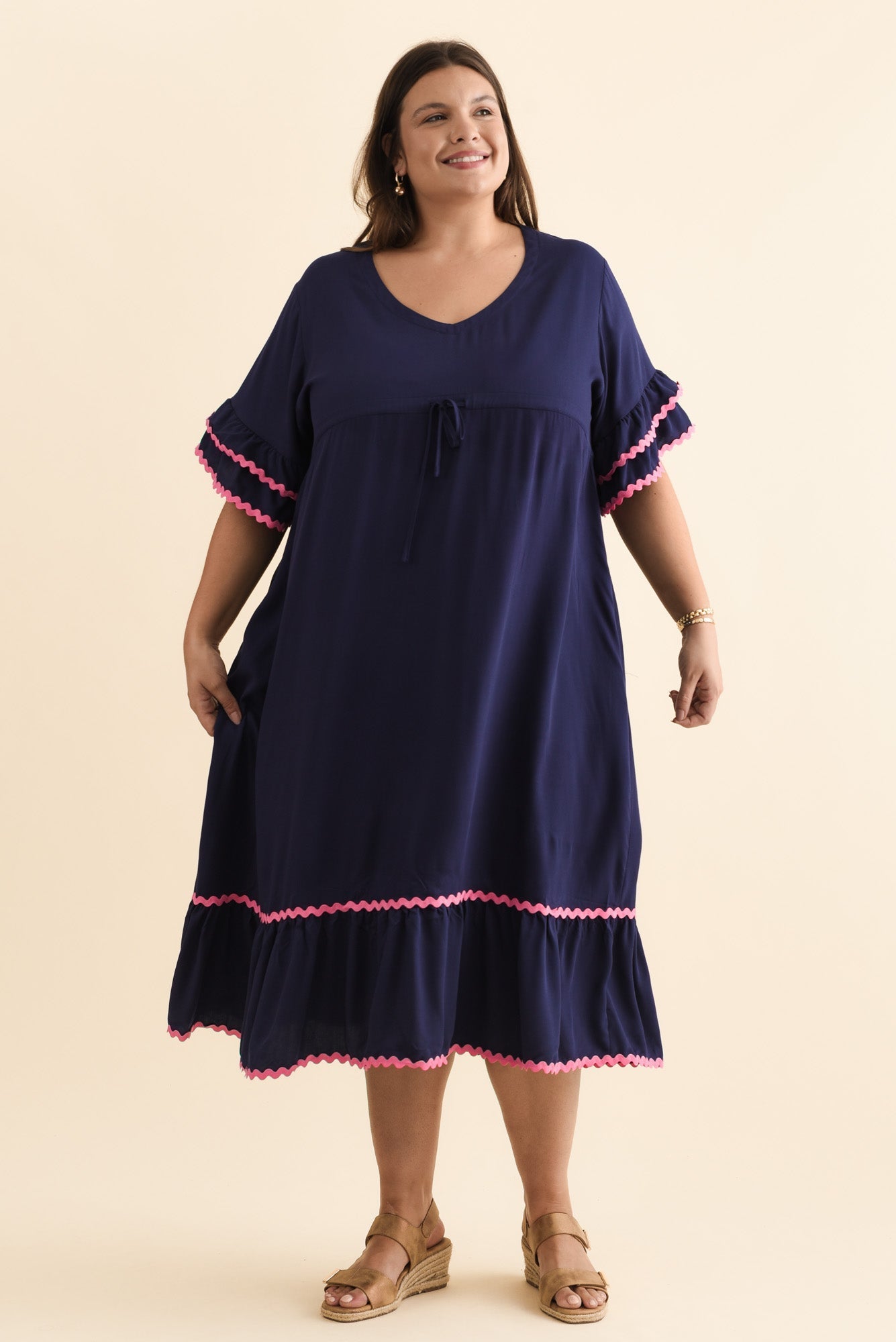 Rosemarie Navy Contrast Frill Dress