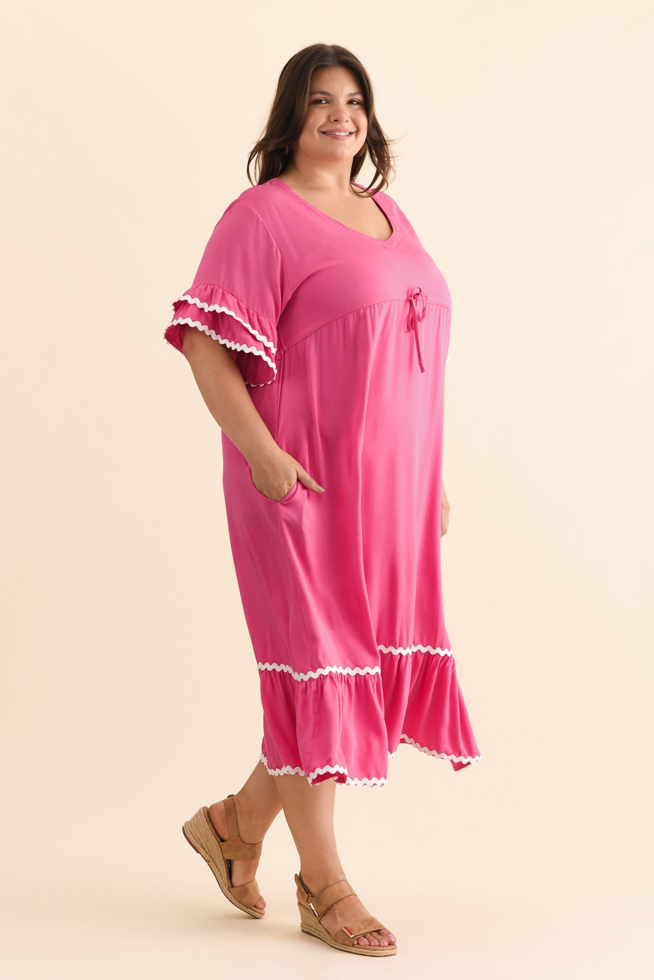 Rosemarie Pink Contrast Frill Dress