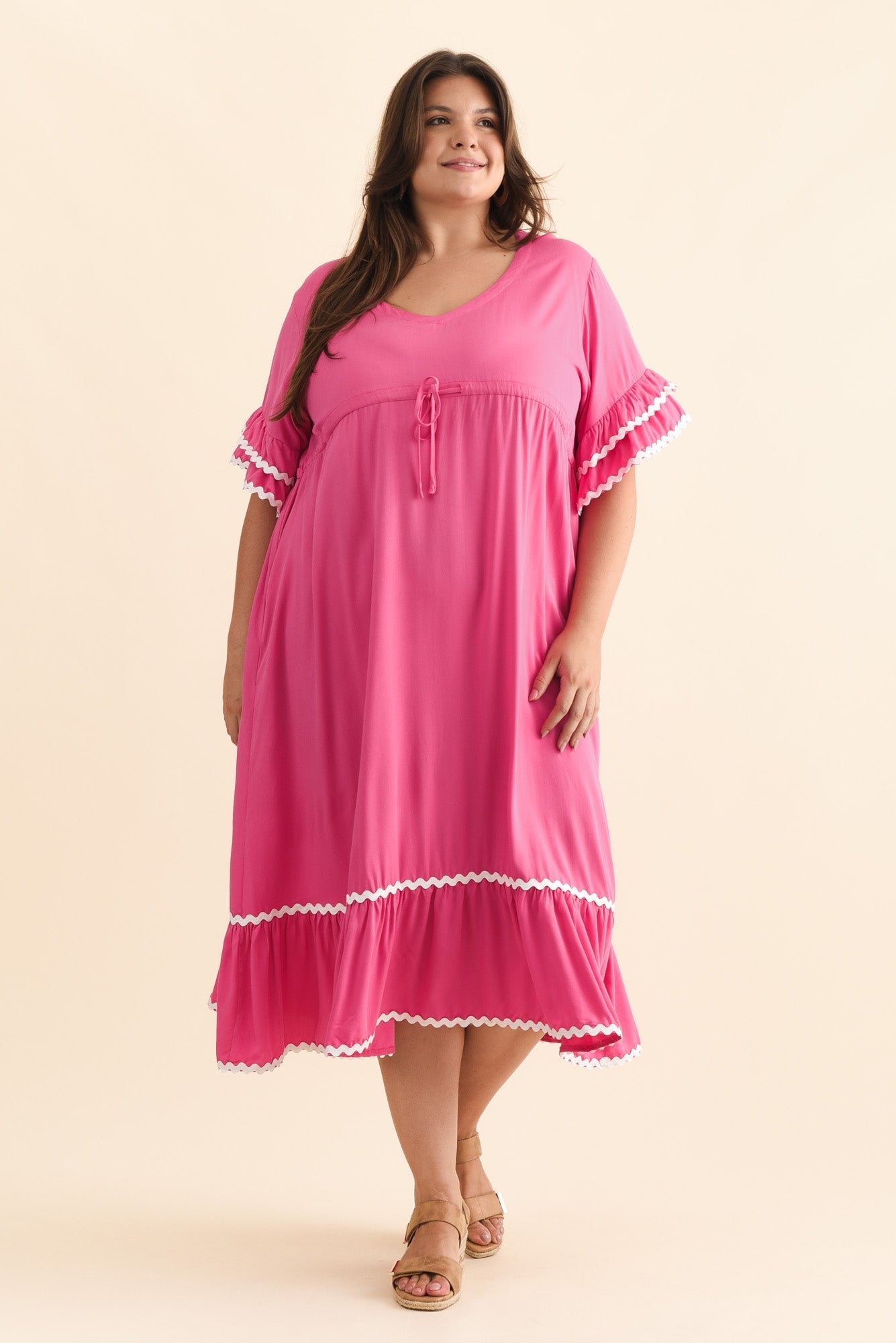 Rosemarie Pink Contrast Frill Dress
