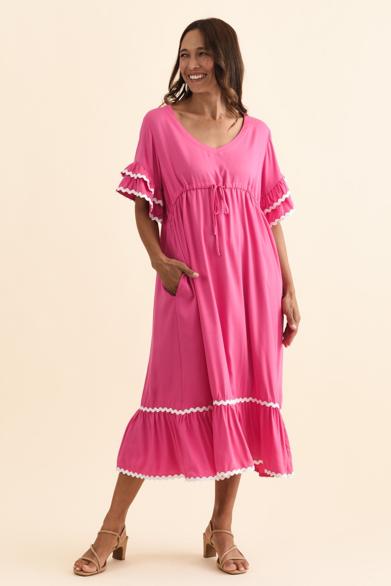 Rosemarie Pink Contrast Frill Dress
