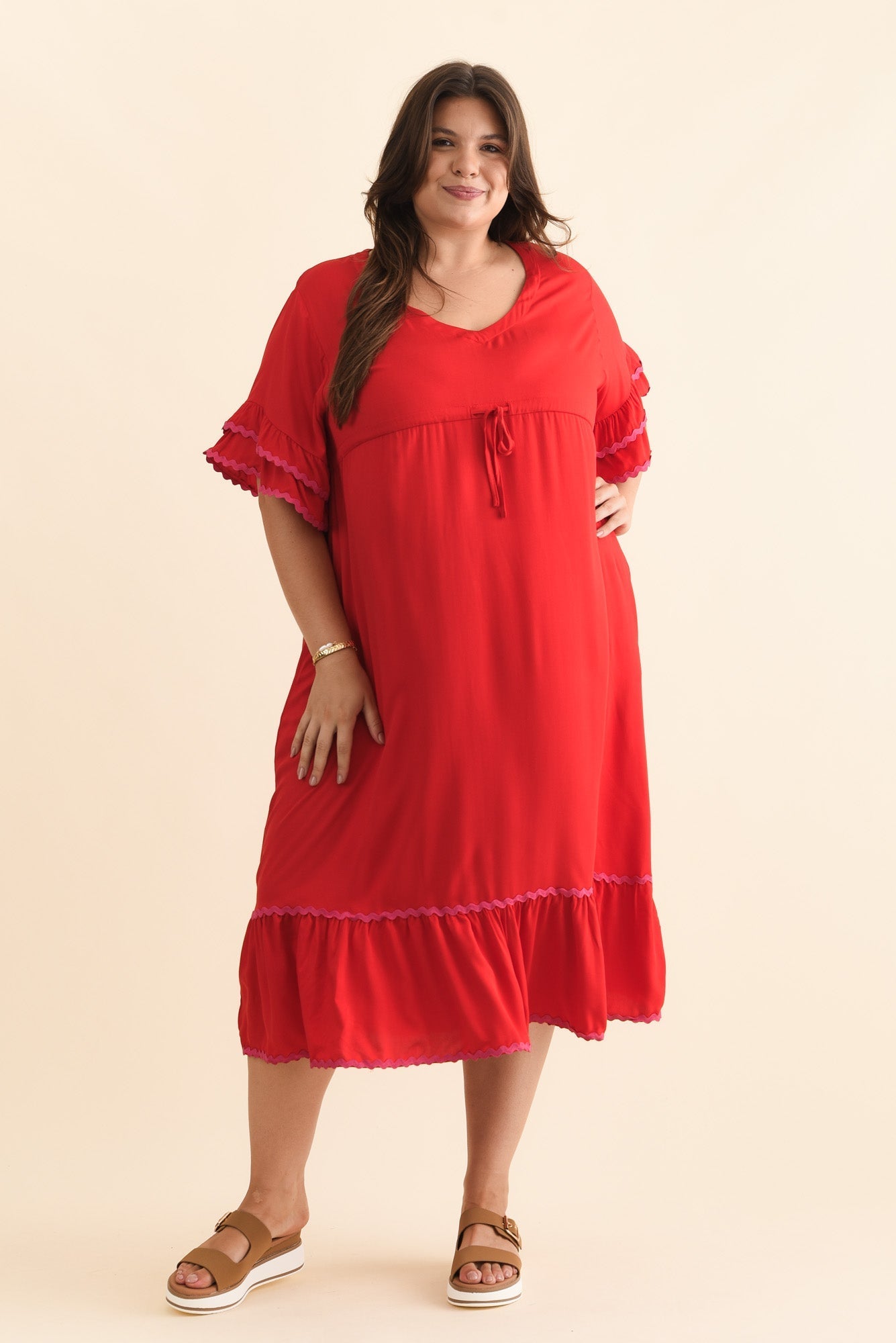 Rosemarie Red Contrast Frill Dress