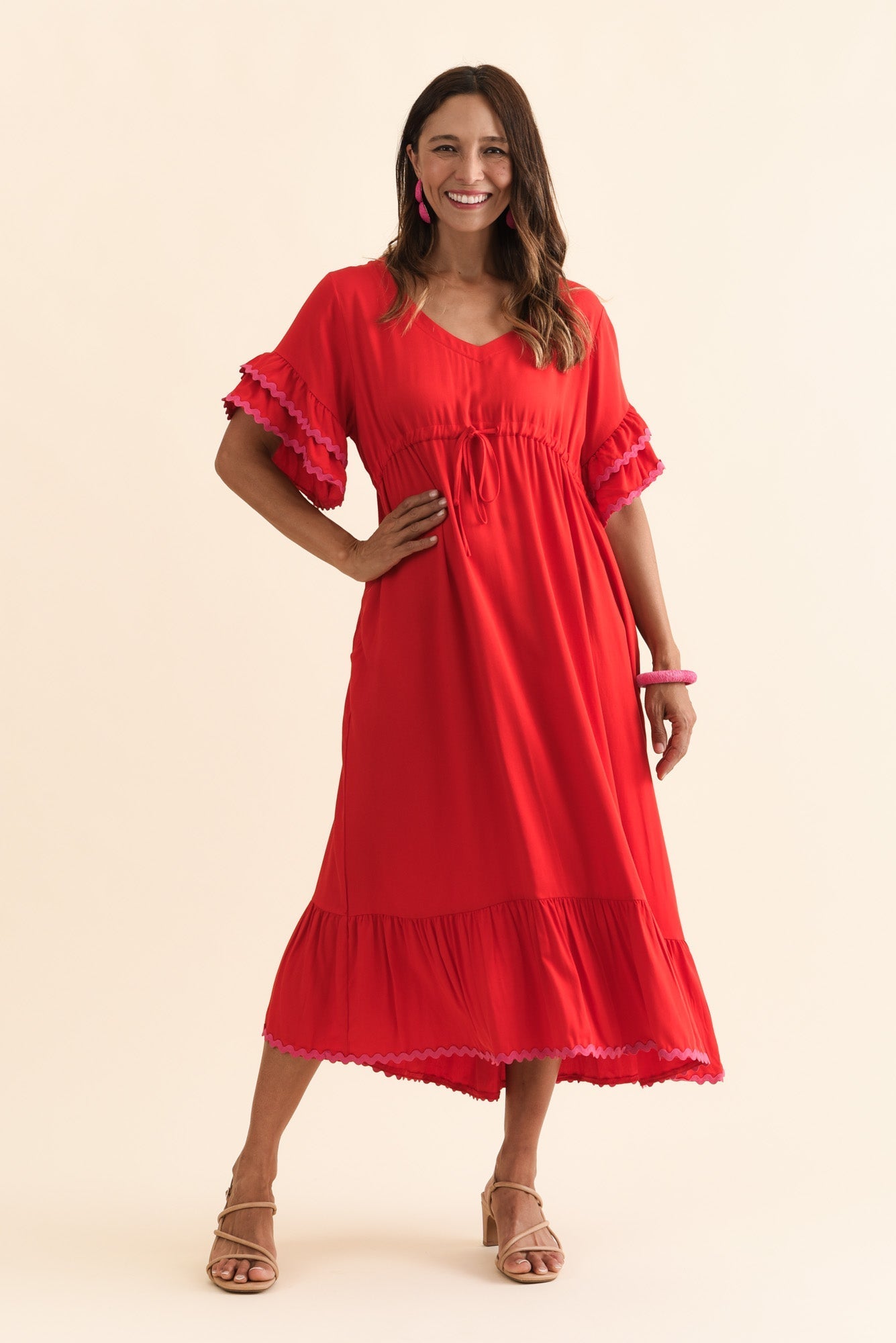 Rosemarie Red Contrast Frill Dress