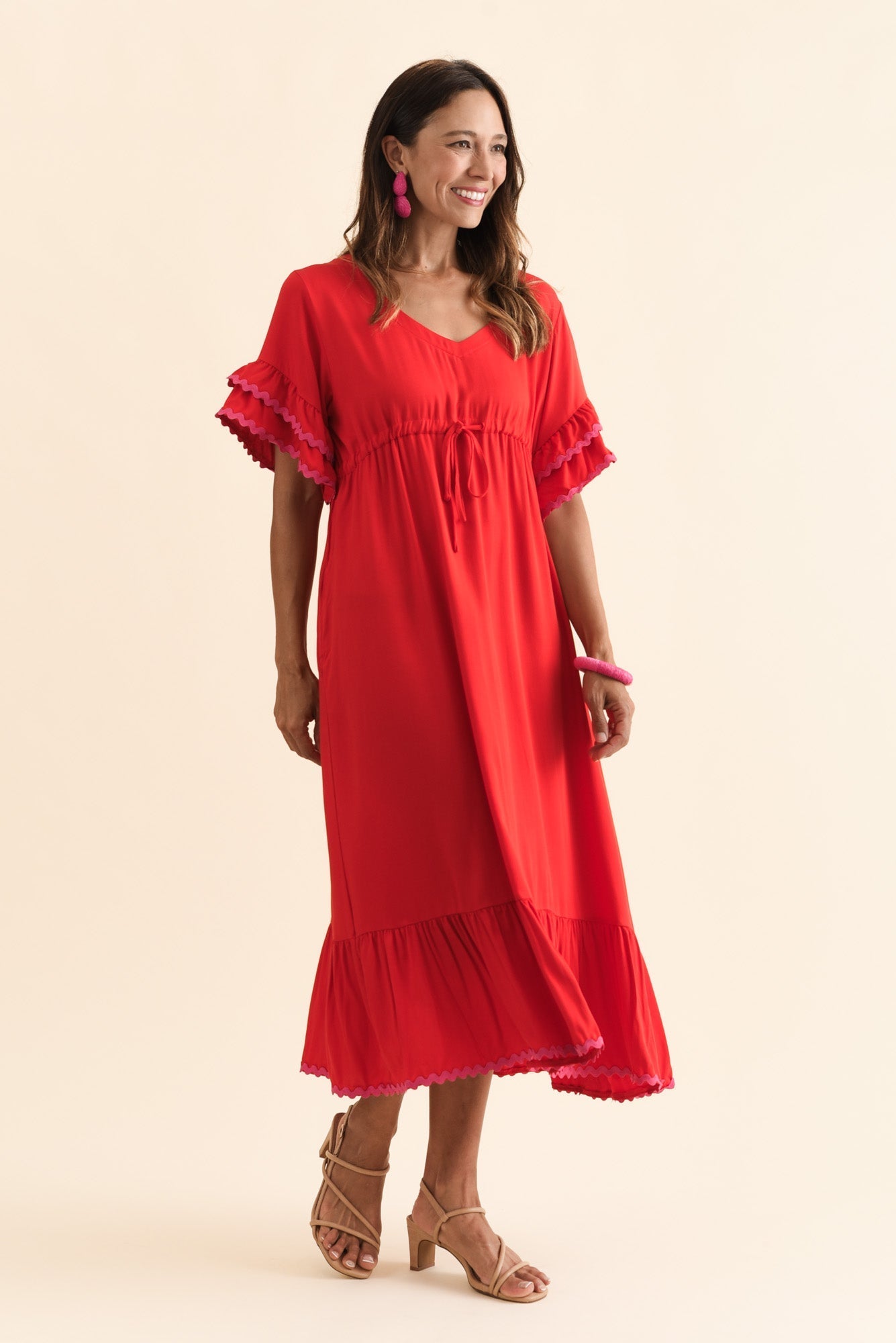 Rosemarie Red Contrast Frill Dress