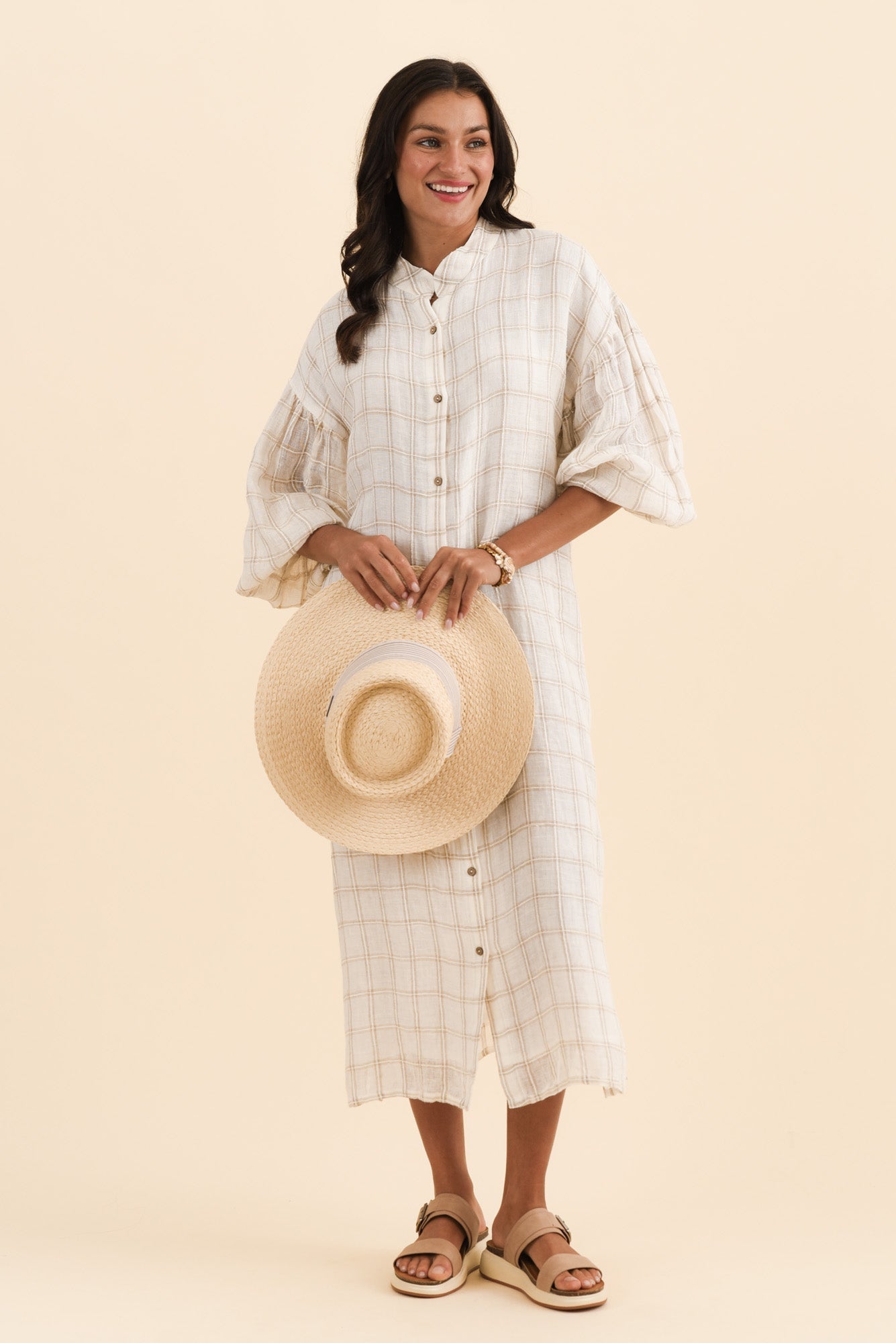 Rowena Ivory Check Linen Dress