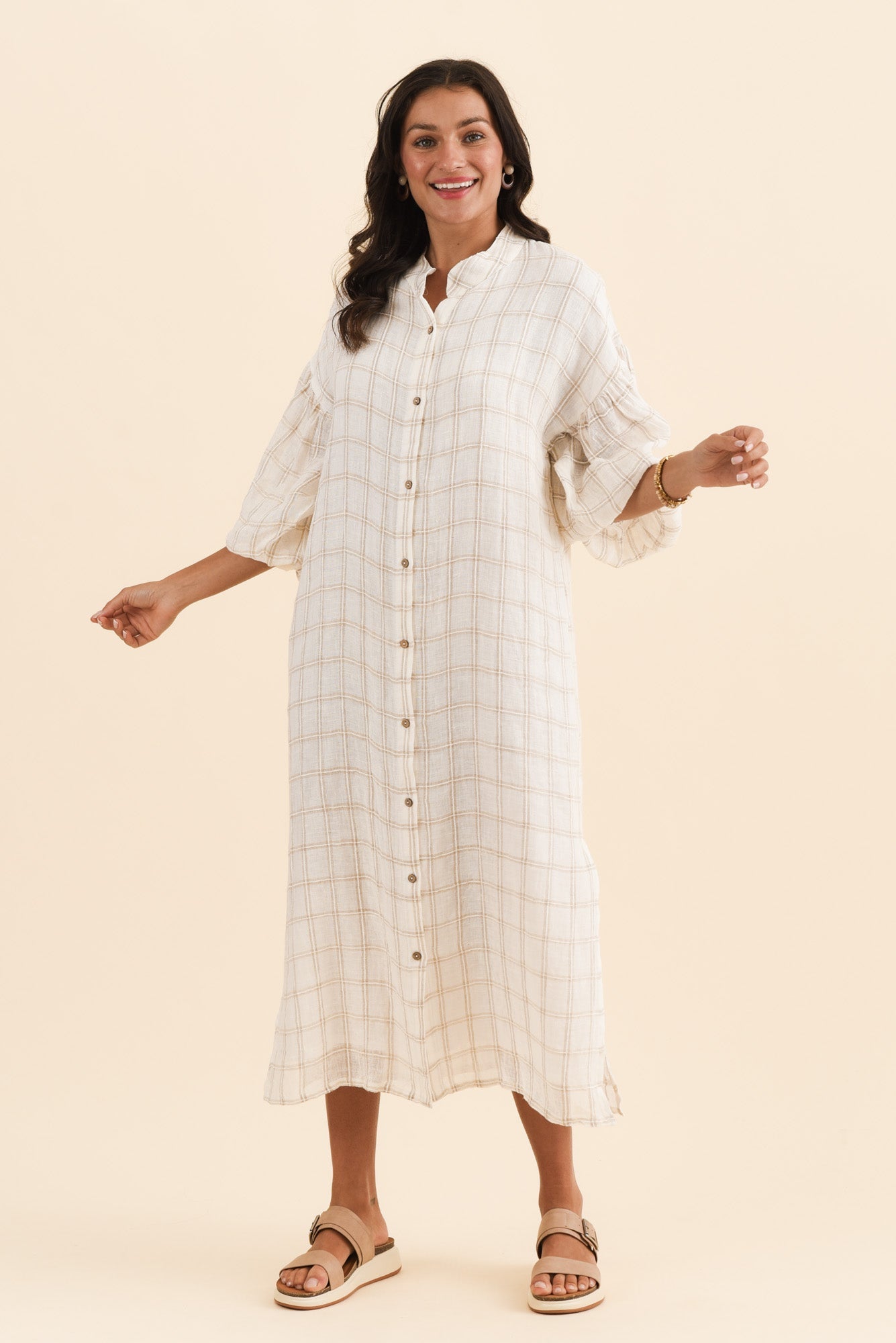 Rowena Ivory Check Linen Dress