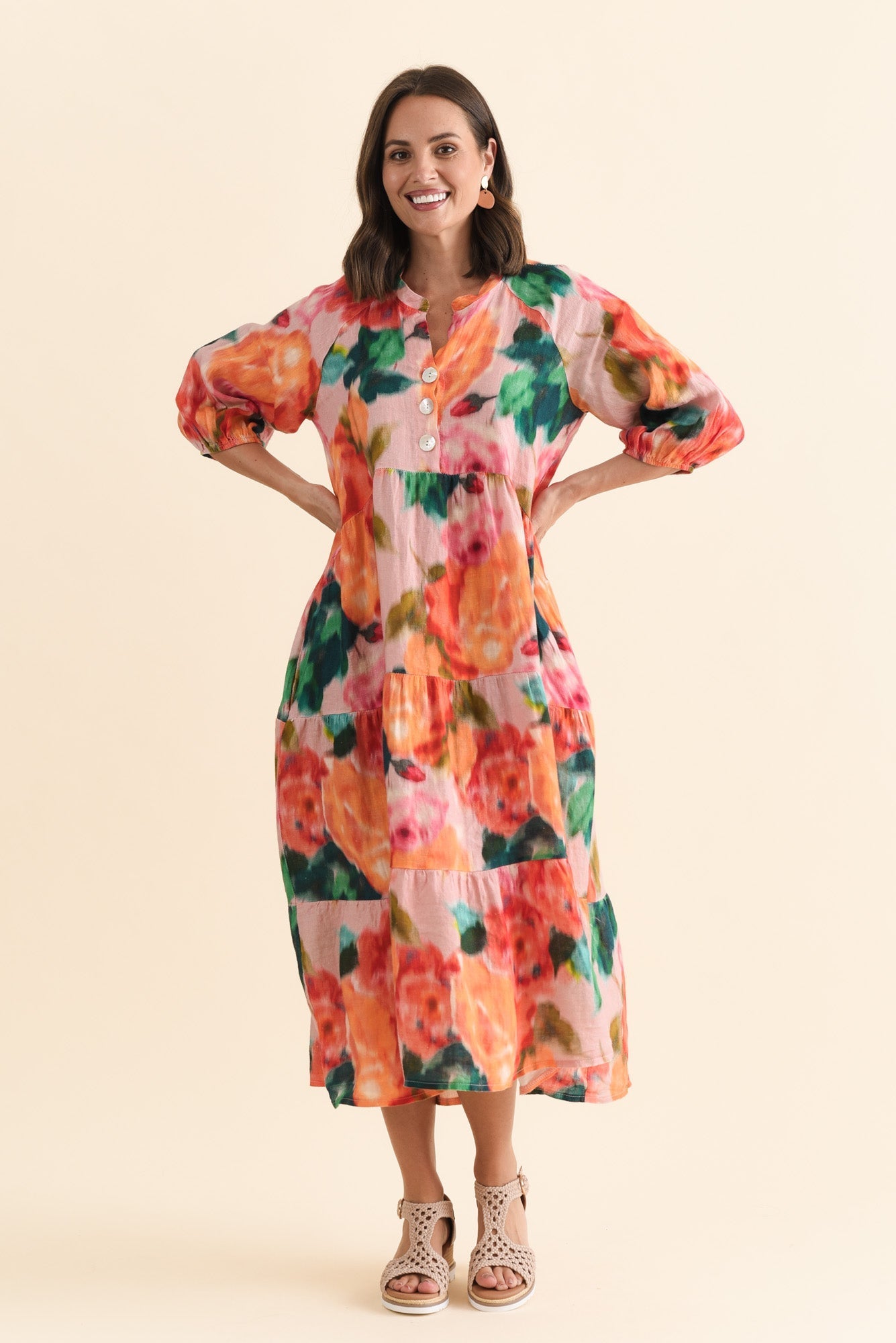 Ruthie Orange Floral Linen Button Dress