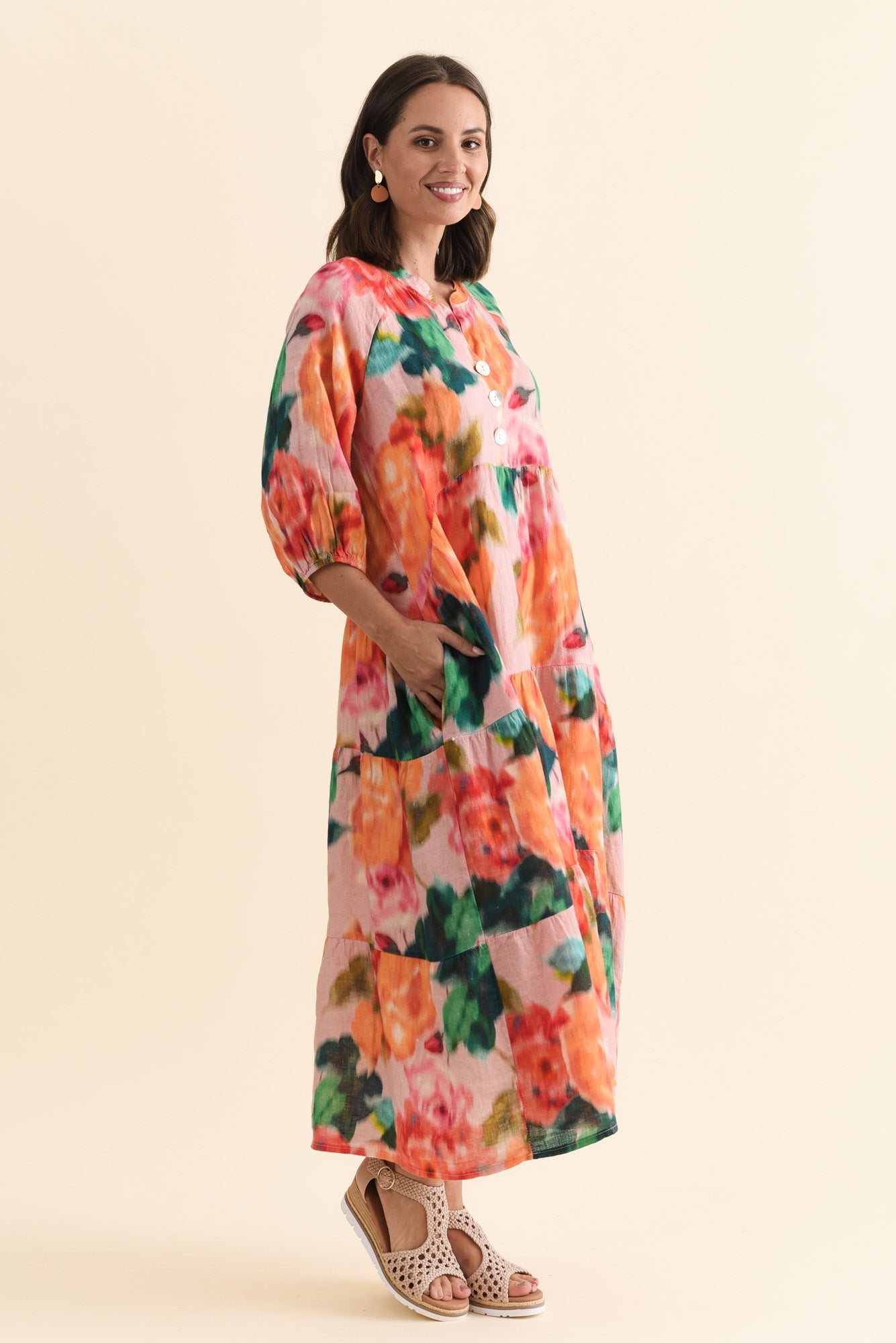 Ruthie Orange Floral Linen Button Dress