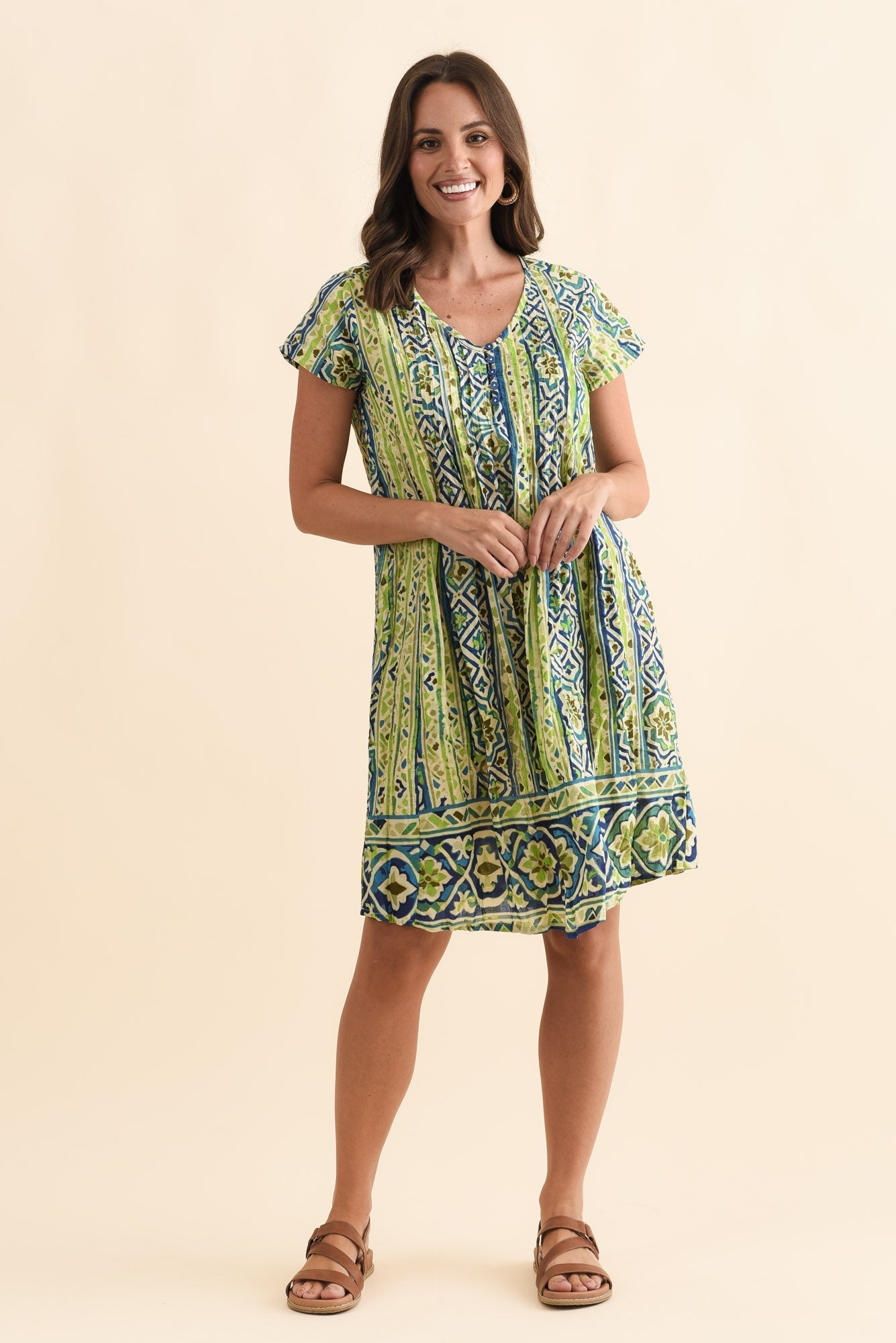 Sabina Blue Abstract Crinkle Cotton Dress