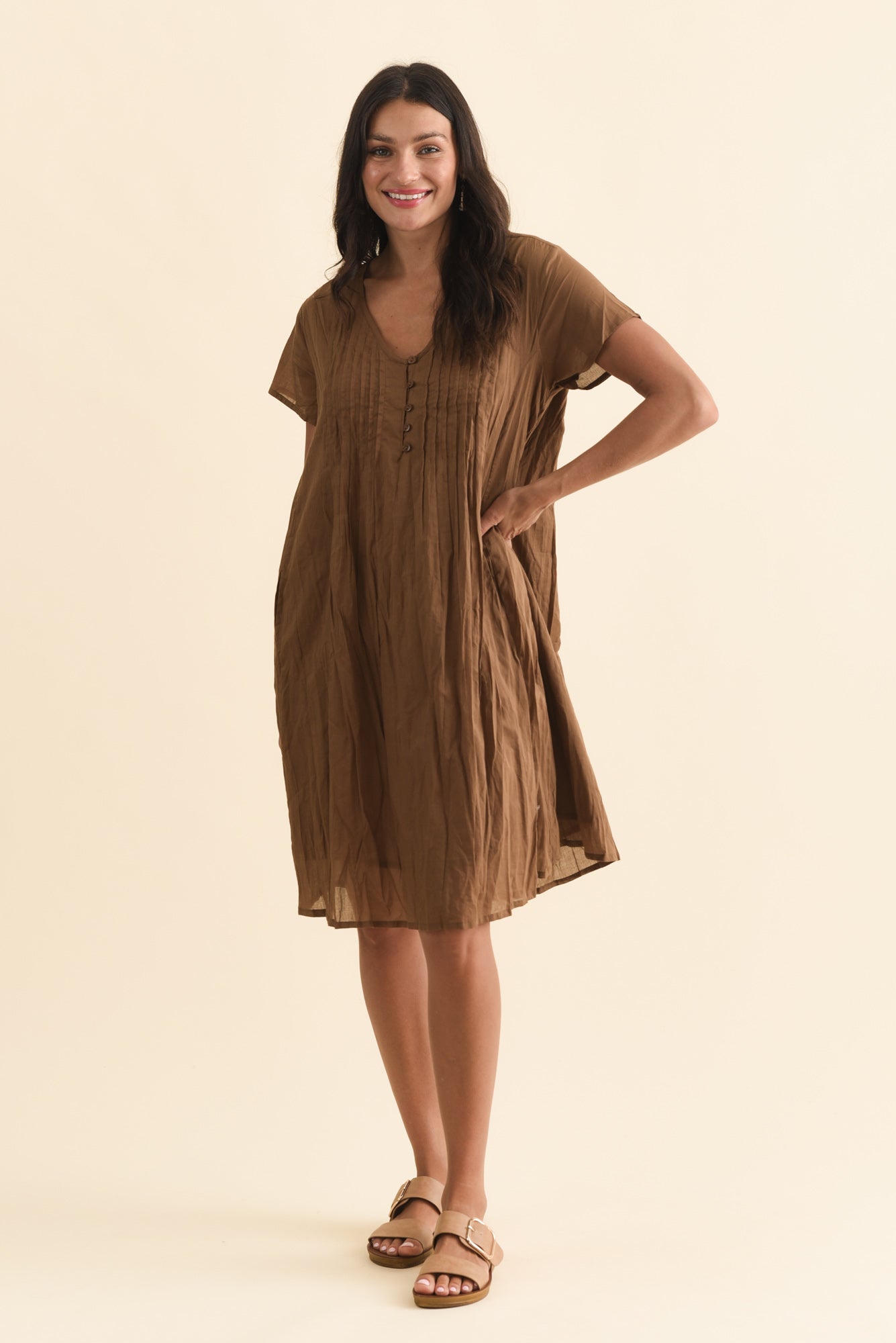 Sabina Mocha Crinkle Cotton Dress