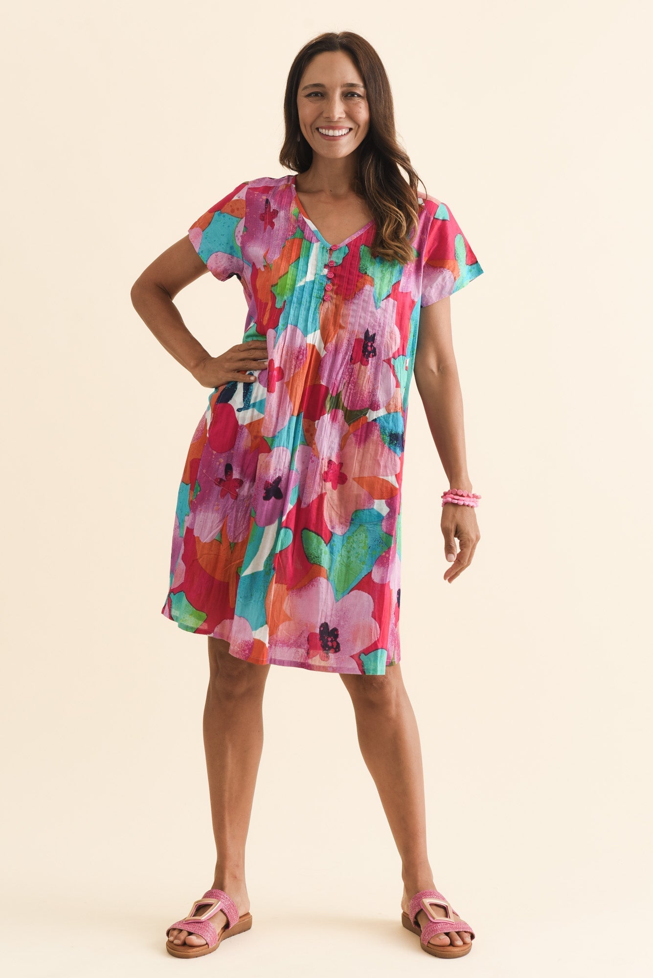 Sabina Pink Floral Crinkle Cotton Dress
