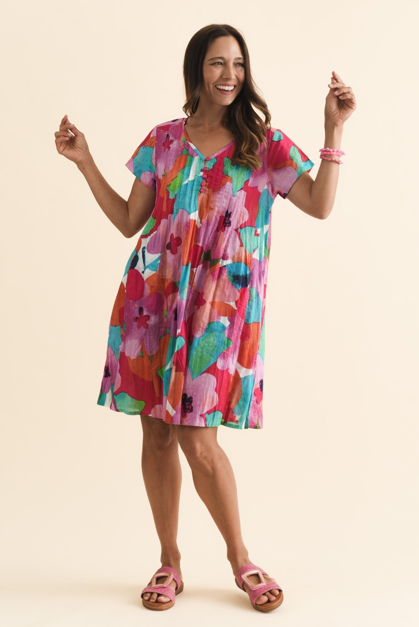 Sabina Pink Floral Crinkle Cotton Dress