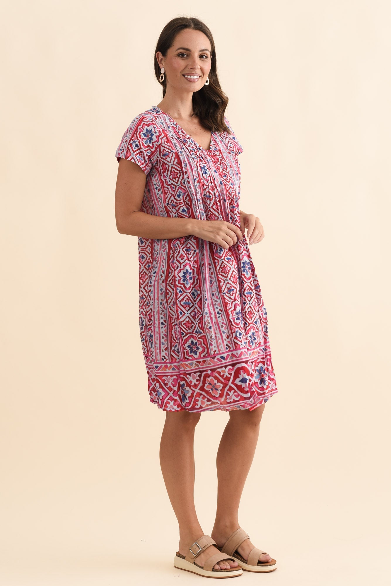 Sabina Red Abstract Crinkle Cotton Dress