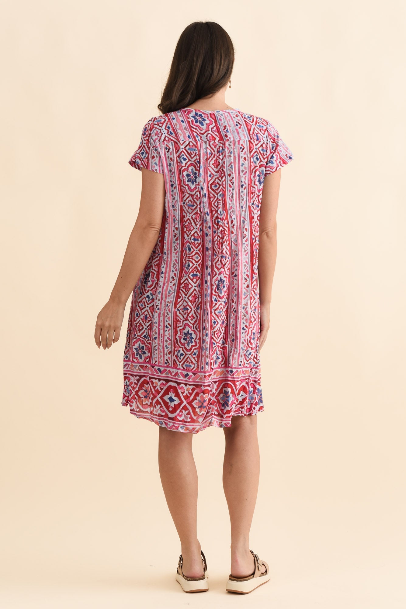 Sabina Red Abstract Crinkle Cotton Dress