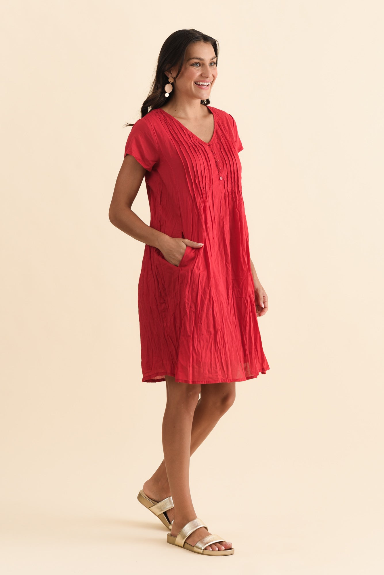 Sabina Red Crinkle Cotton Dress
