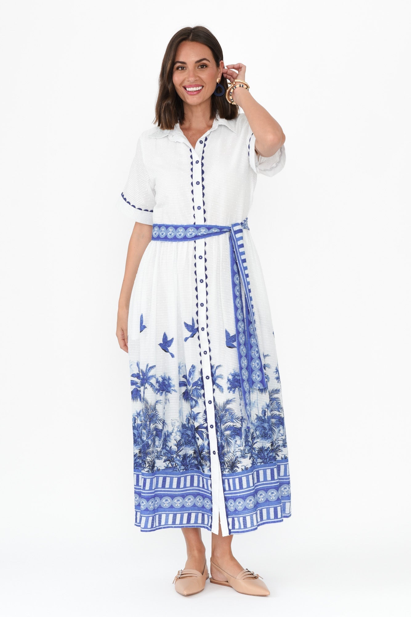 Sagara Blue Tropical Cotton Tie Dress