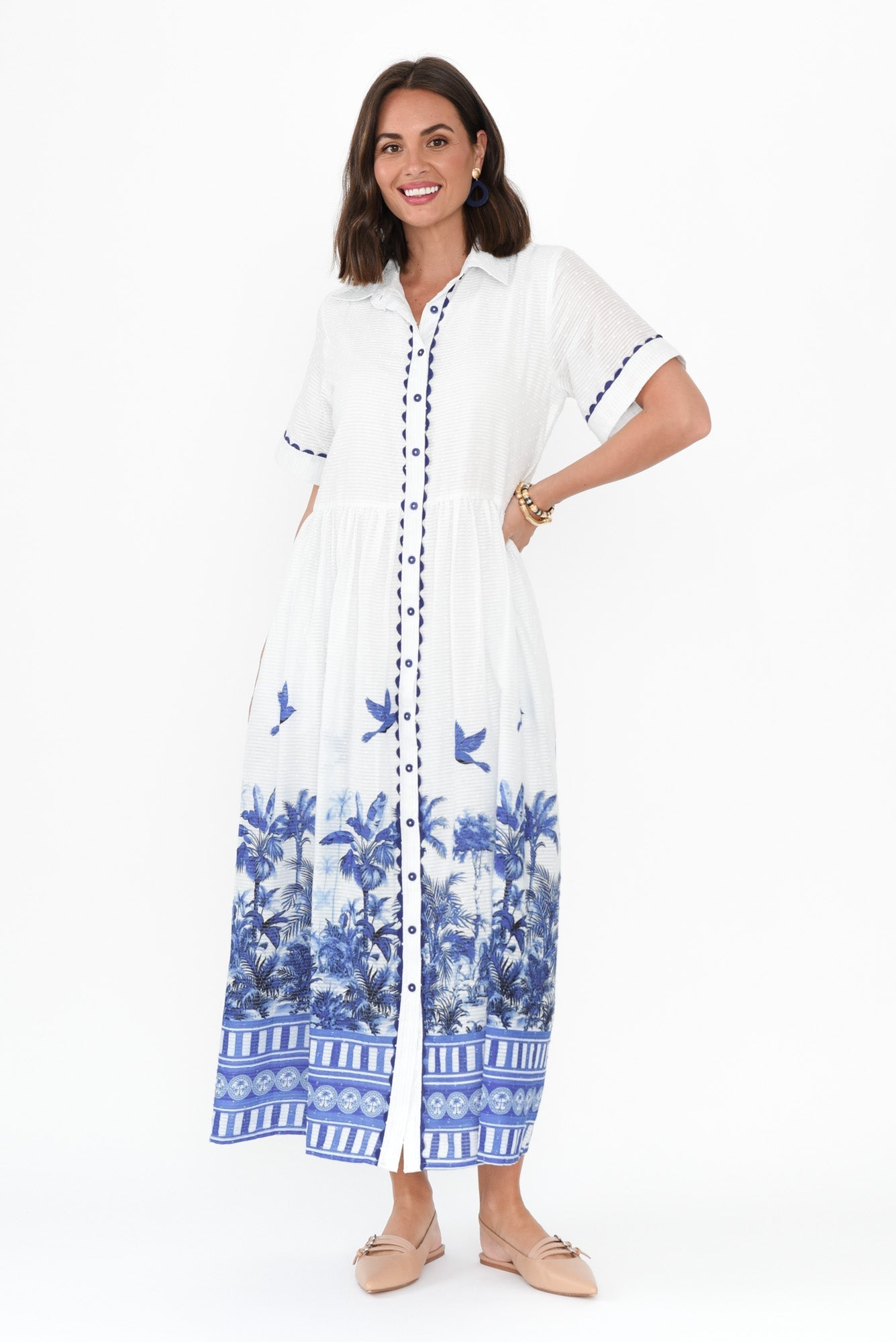 Sagara Blue Tropical Cotton Tie Dress
