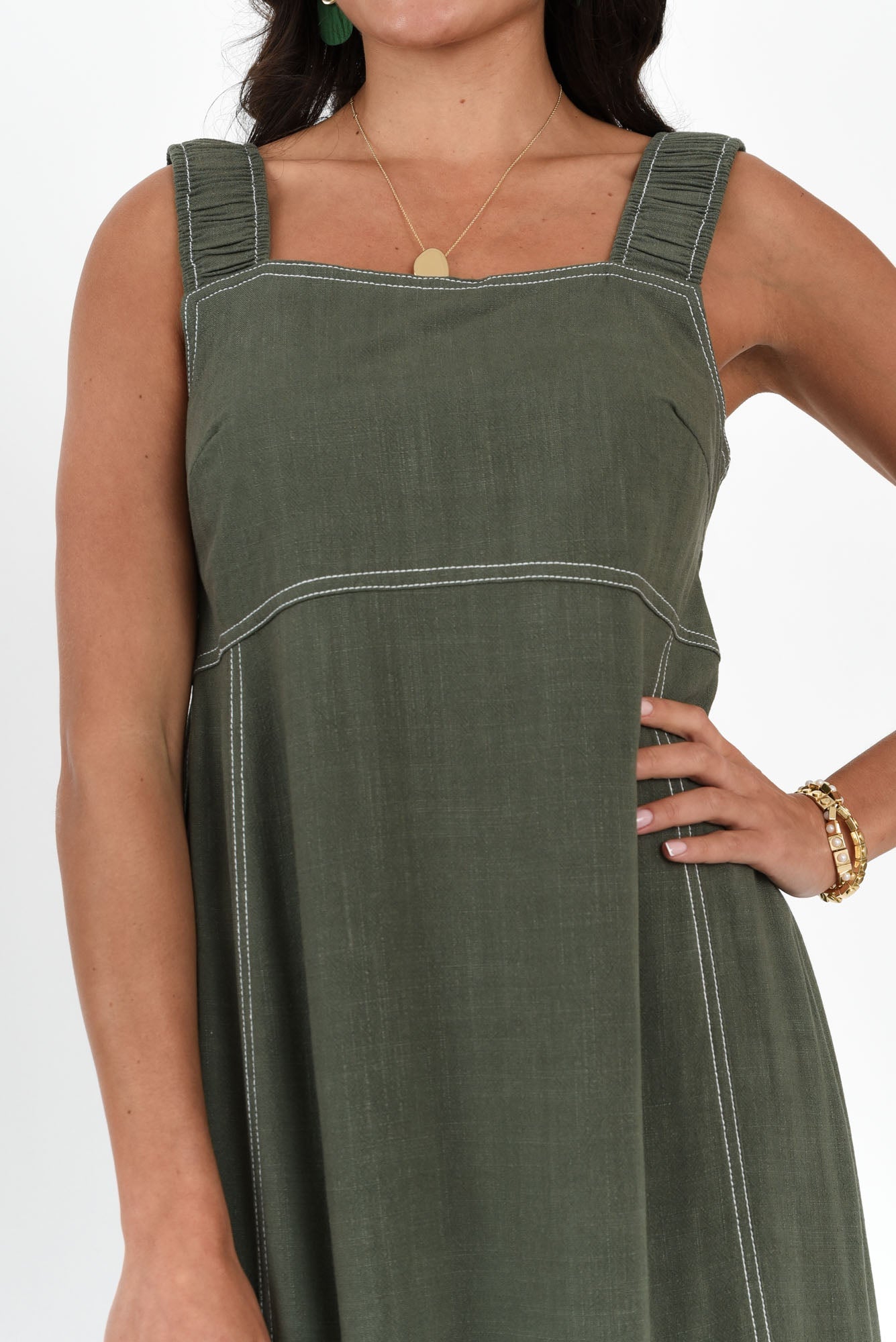 Saylor Khaki Contrast Linen Blend Dress