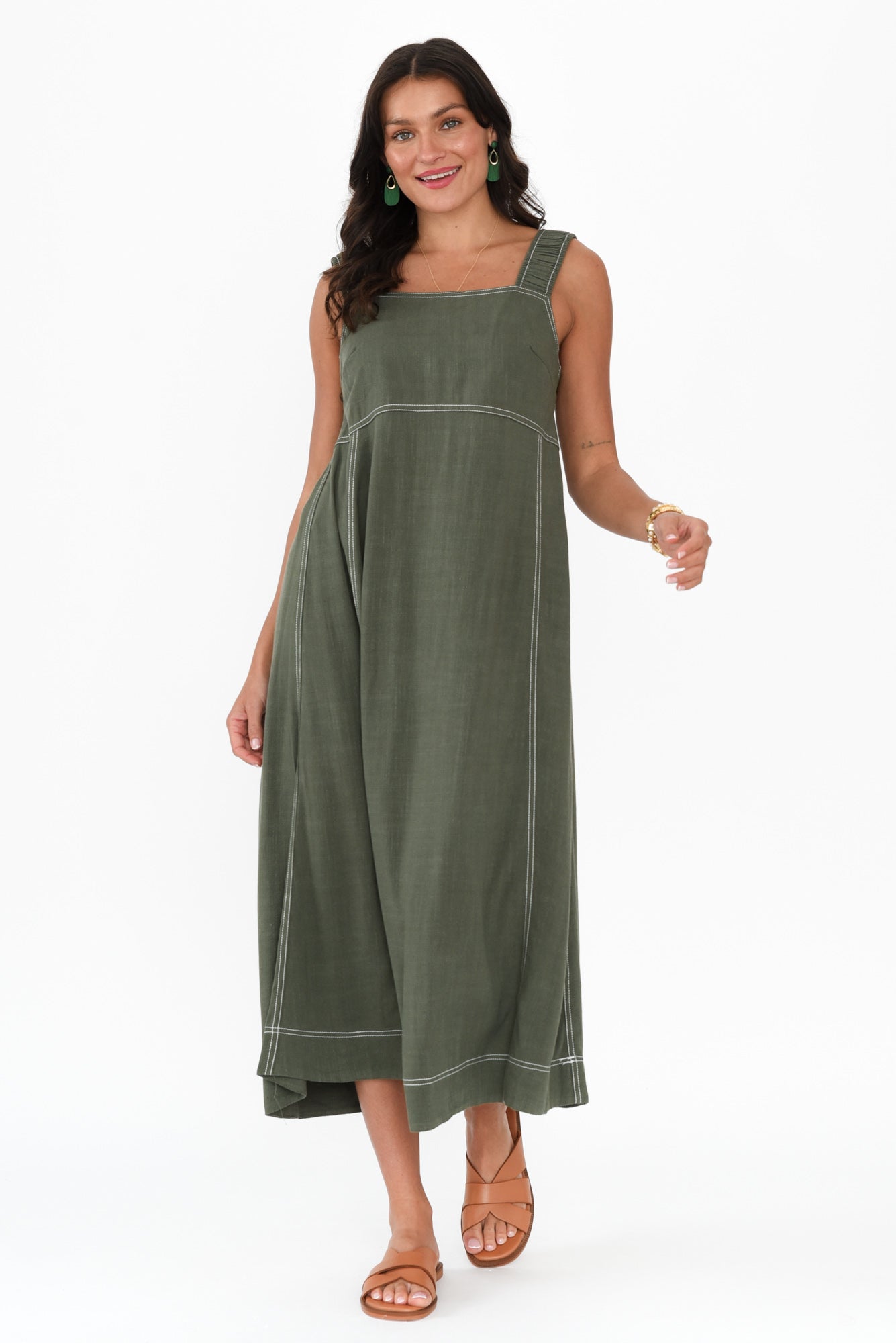 Saylor Khaki Contrast Linen Blend Dress