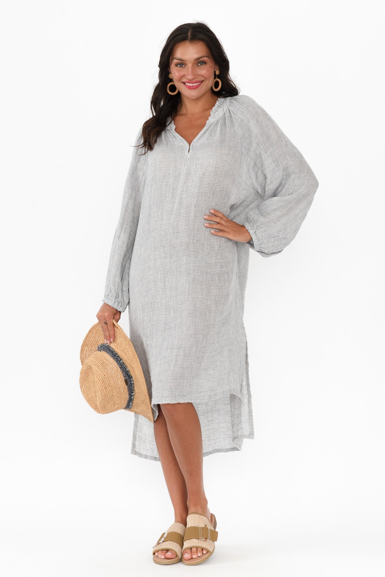 Sierra Light Blue Stripe Linen Midi Dress