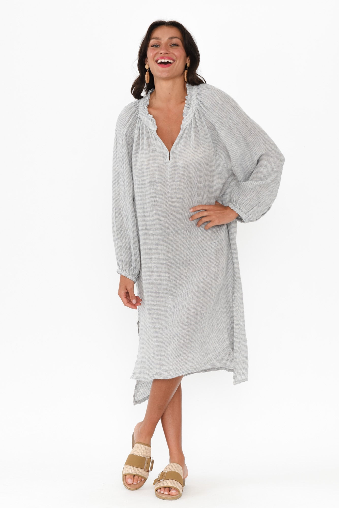 Sierra Light Blue Stripe Linen Midi Dress