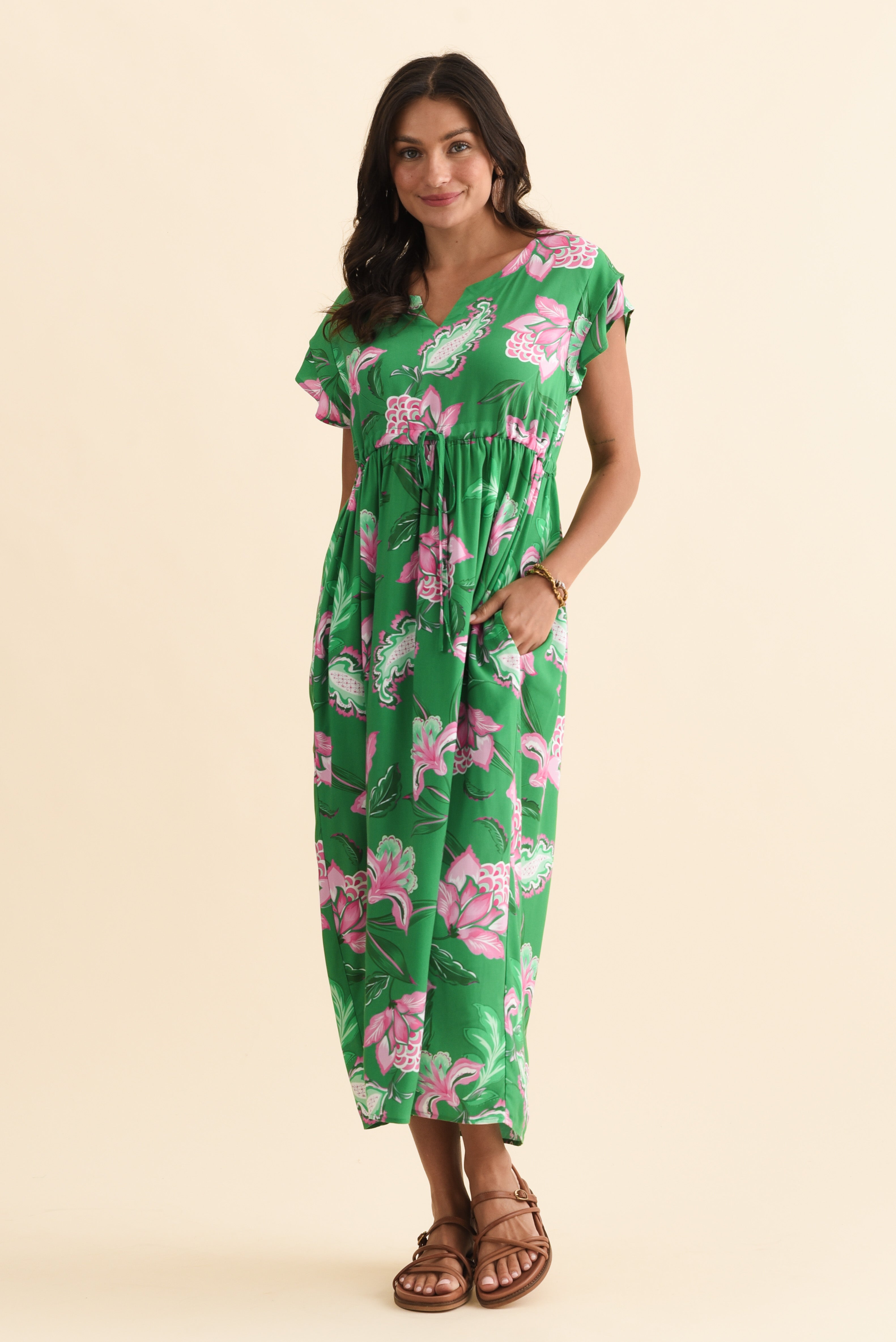 Suzette Green Flower Midi Dress
