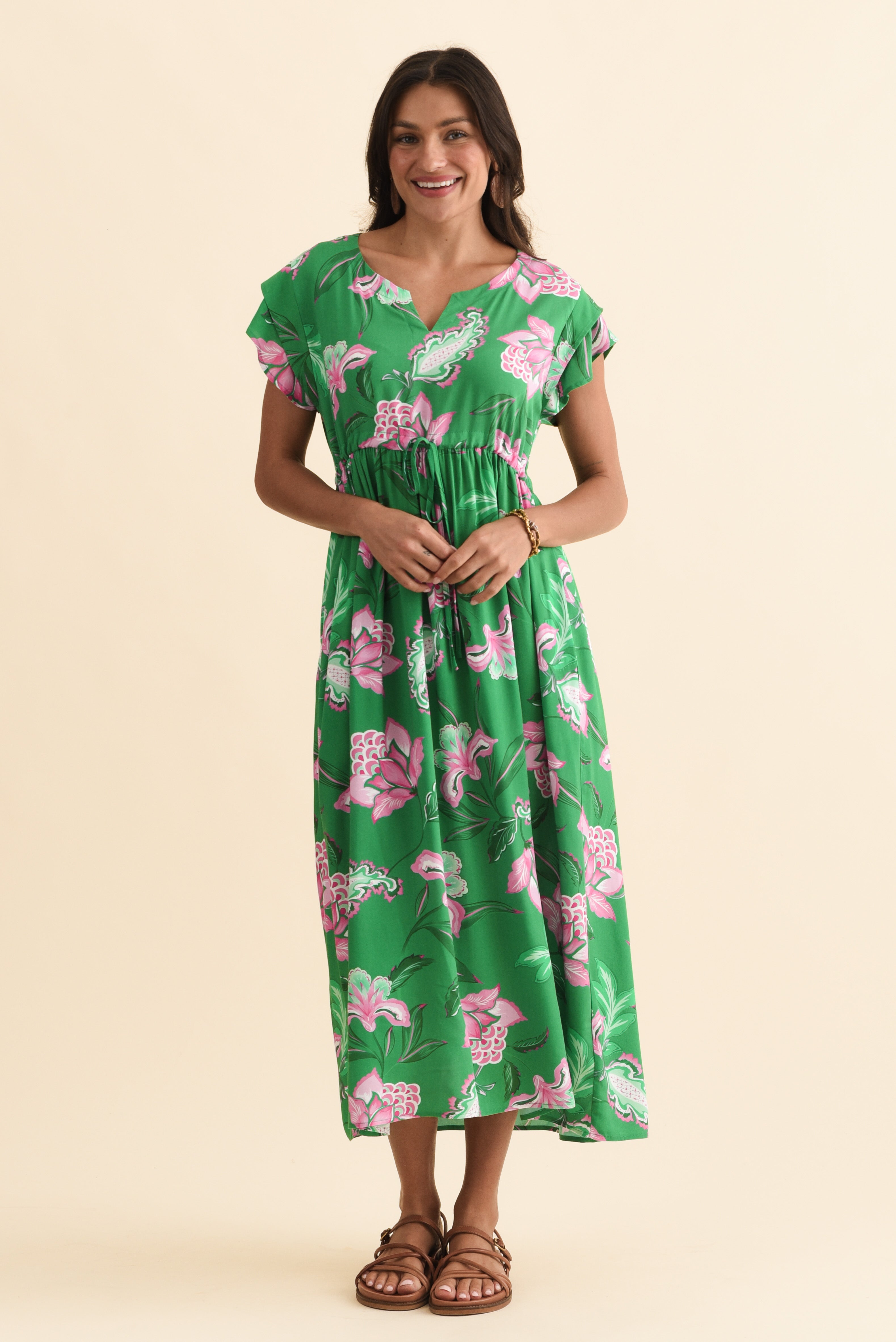 Suzette Green Flower Midi Dress