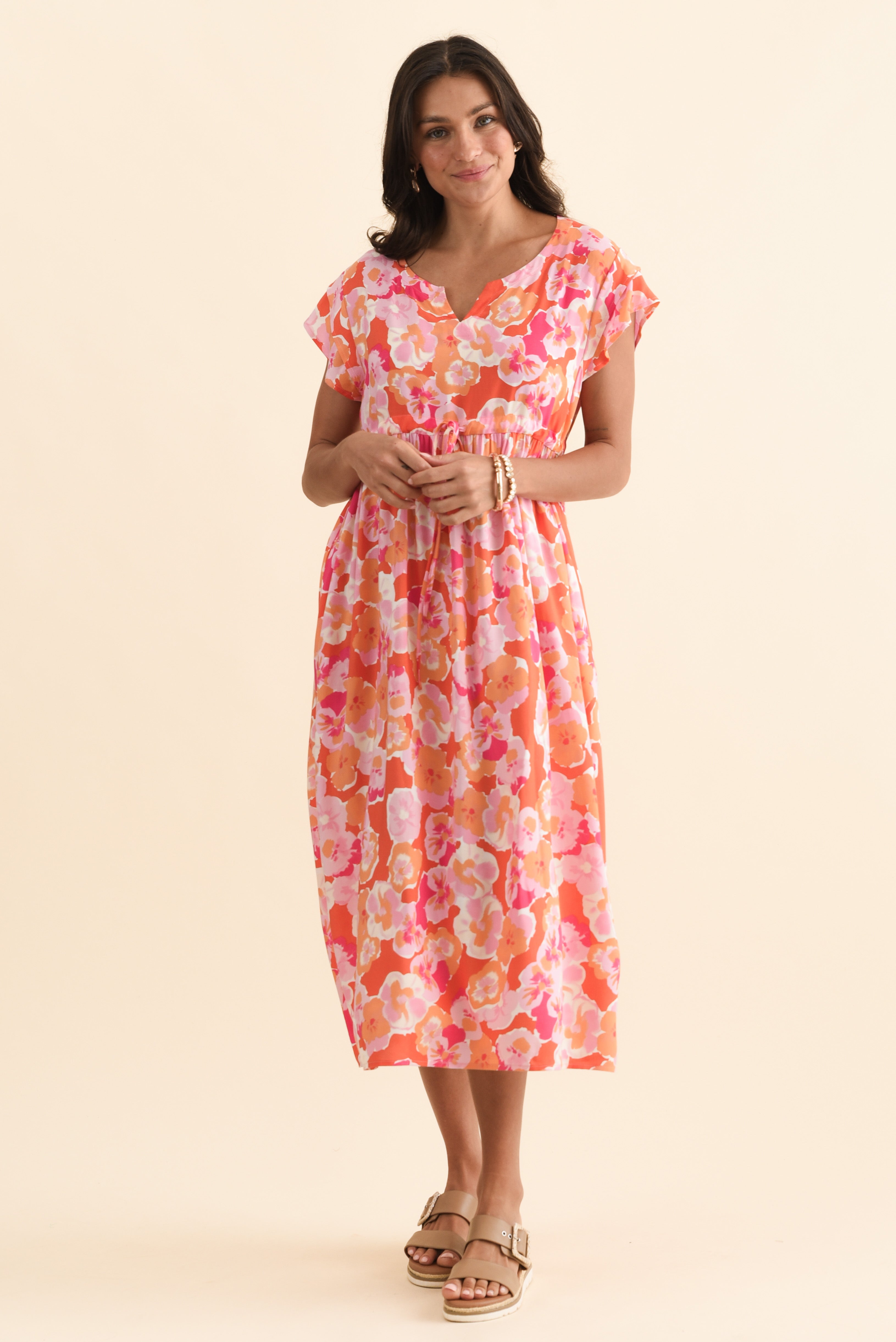 Suzette Orange Floral Midi Dress