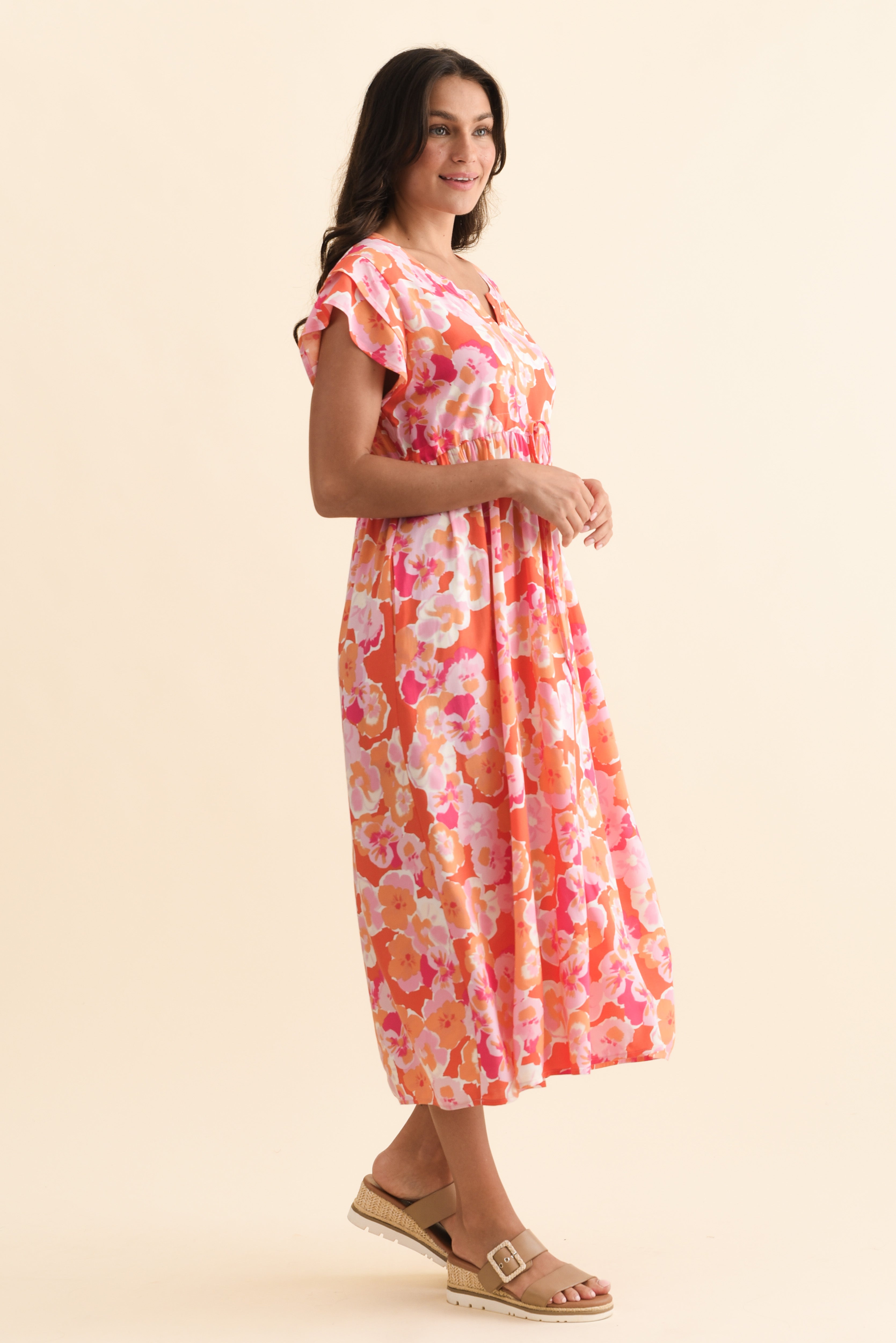 Suzette Orange Floral Midi Dress